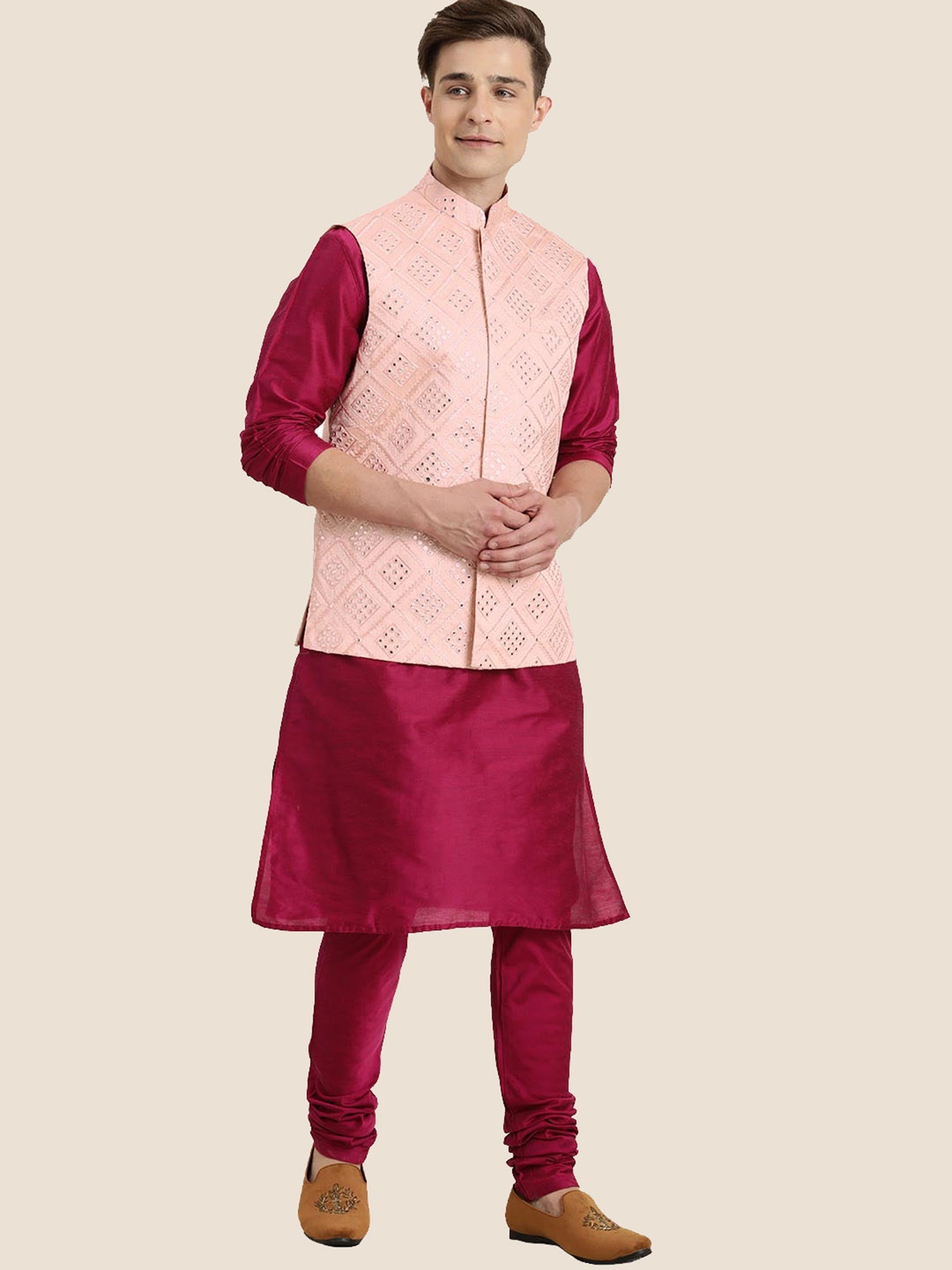 Magenta Festive Kurta Pyjama With Jacket Set