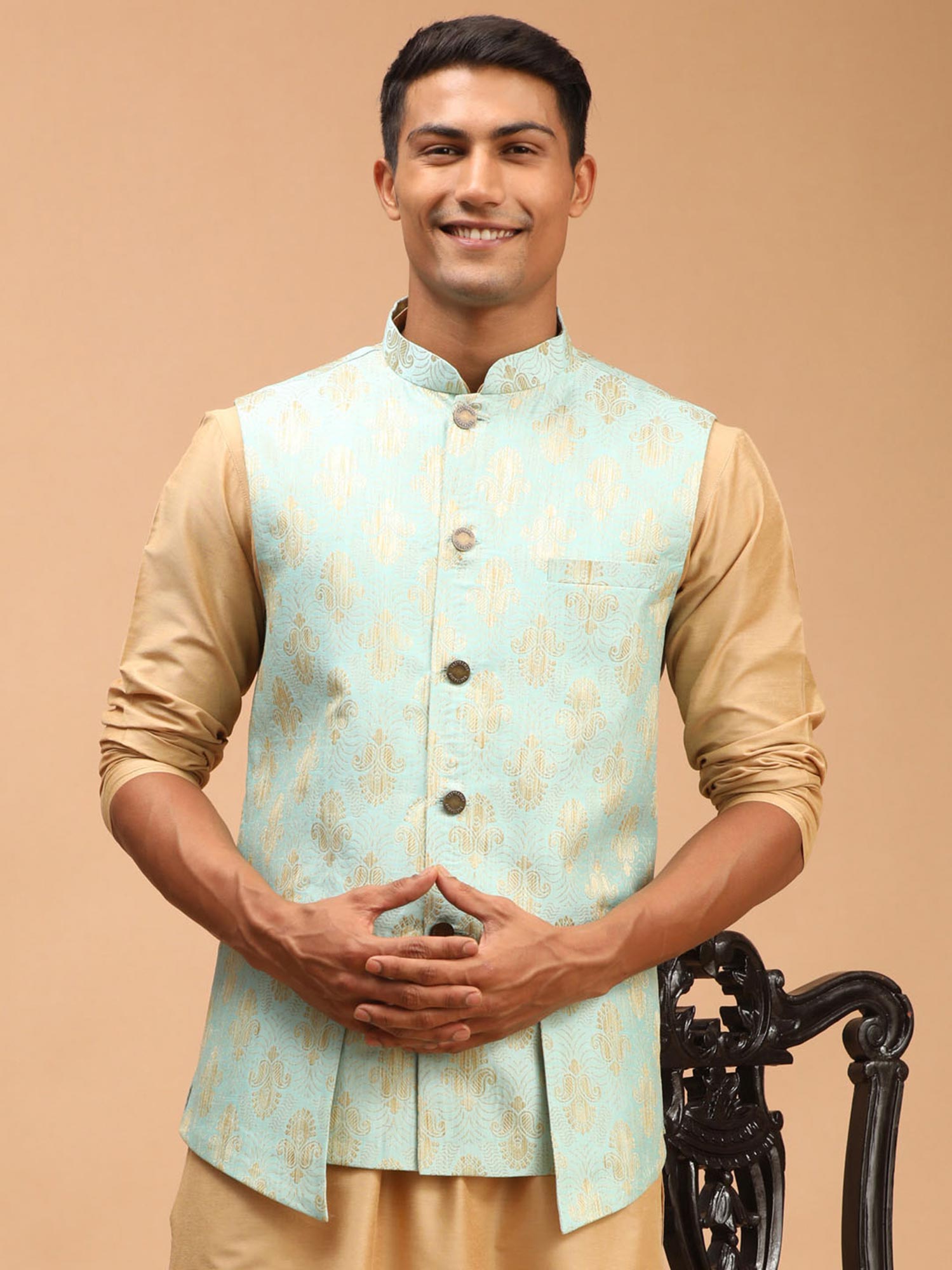 Beige Kurta Pajama With Woven Jacket