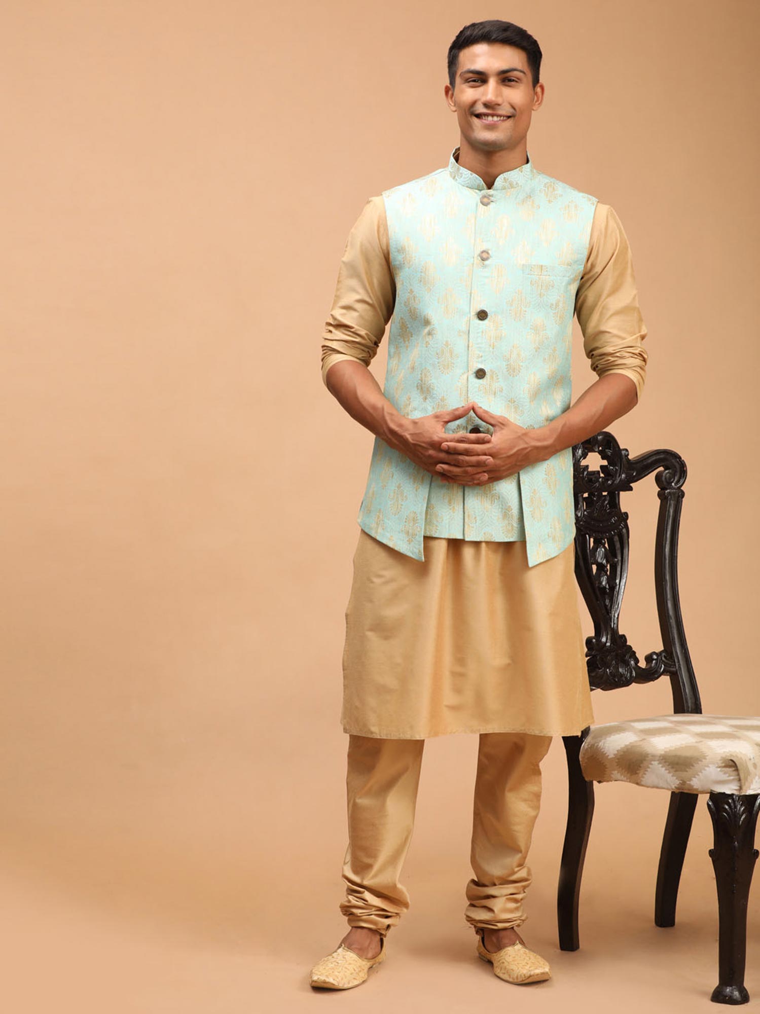 Beige Kurta Pajama With Woven Jacket