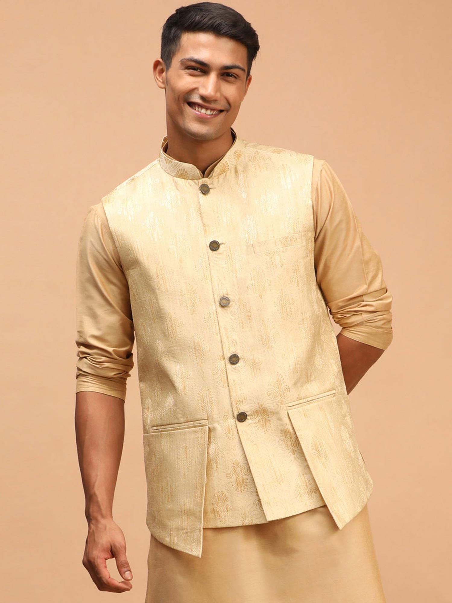 Beige Party Kurta Pajama With Woven Jacket