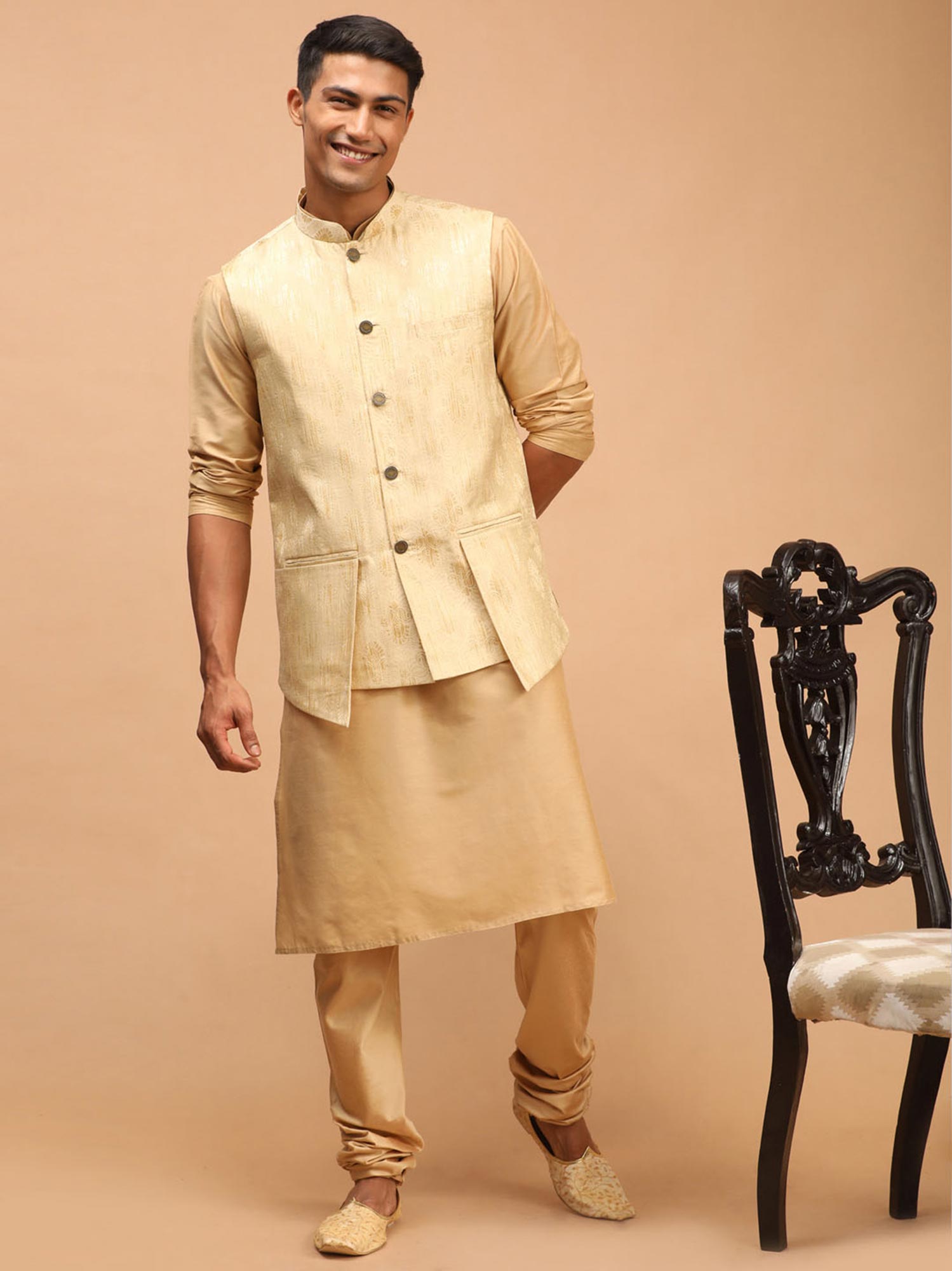 Beige Party Kurta Pajama With Woven Jacket
