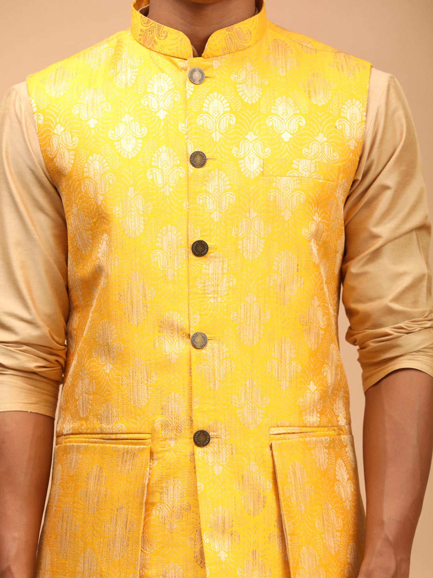Beige Silk Kurta Pyjama With Nehru Jacket