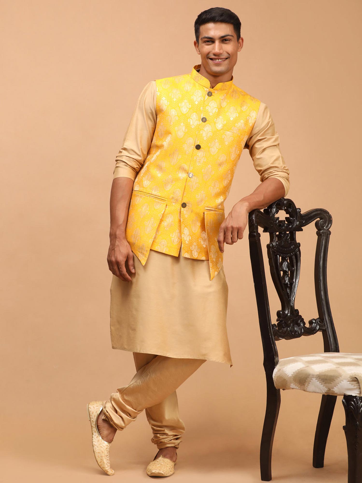 Beige Silk Kurta Pyjama With Nehru Jacket