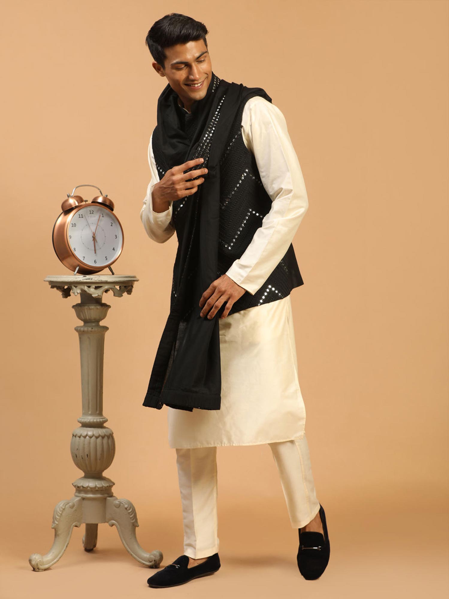 Off White Art Silk Kurta Pajama With Jacket