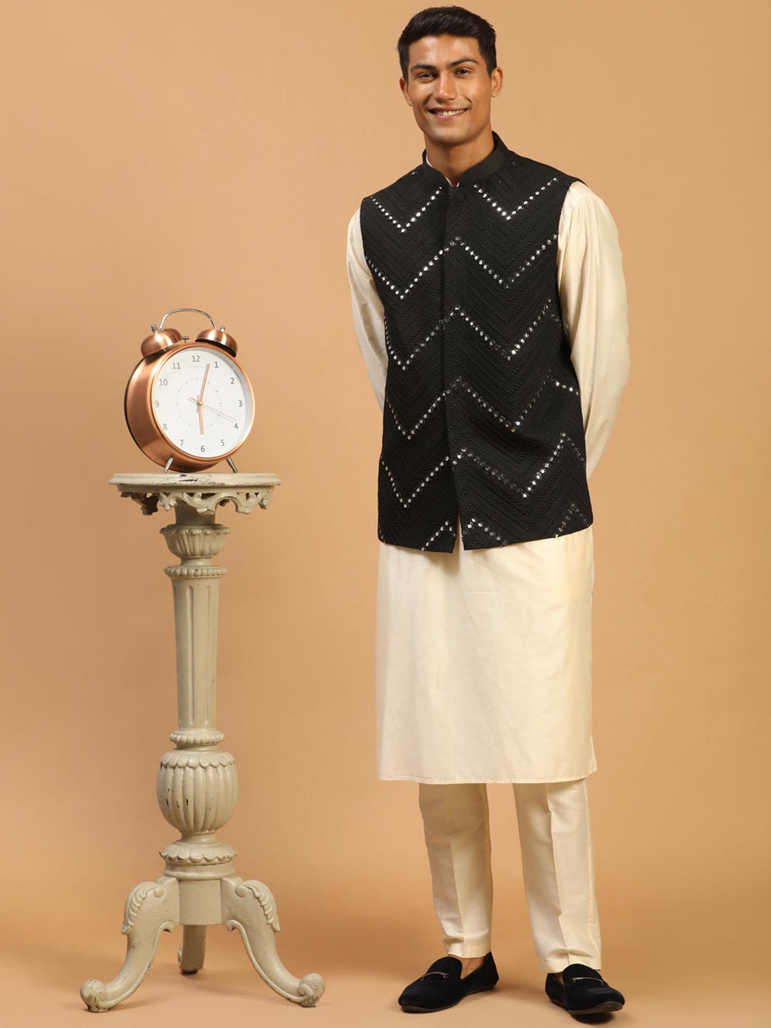 Off White Art Silk Kurta Pajama With Jacket