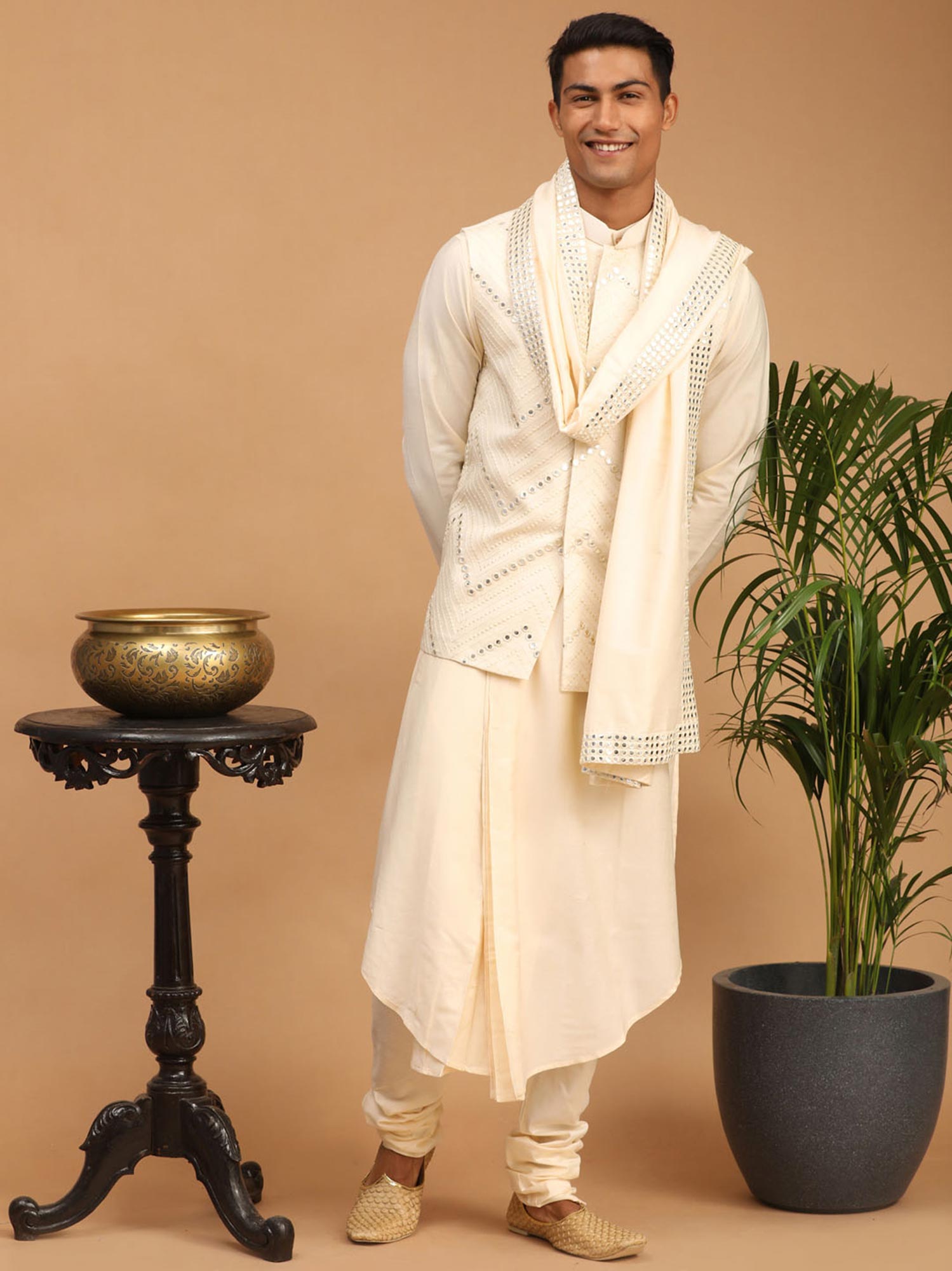 Off White Embroidered Asymmetric Kurta Pajama