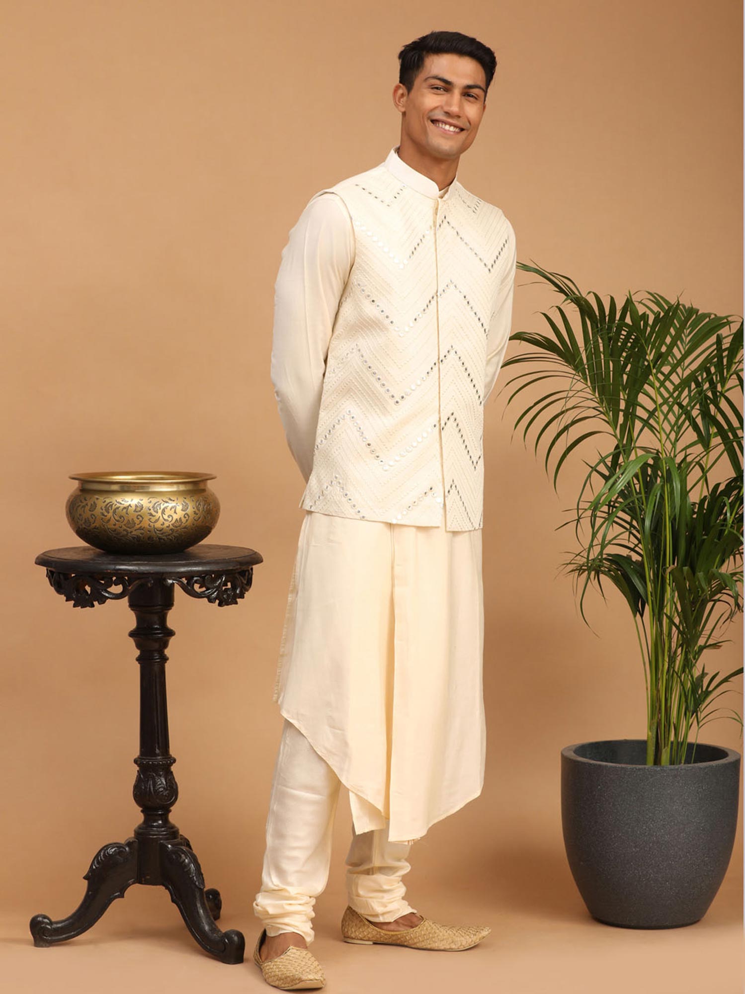 Off White Embroidered Asymmetric Kurta Pajama