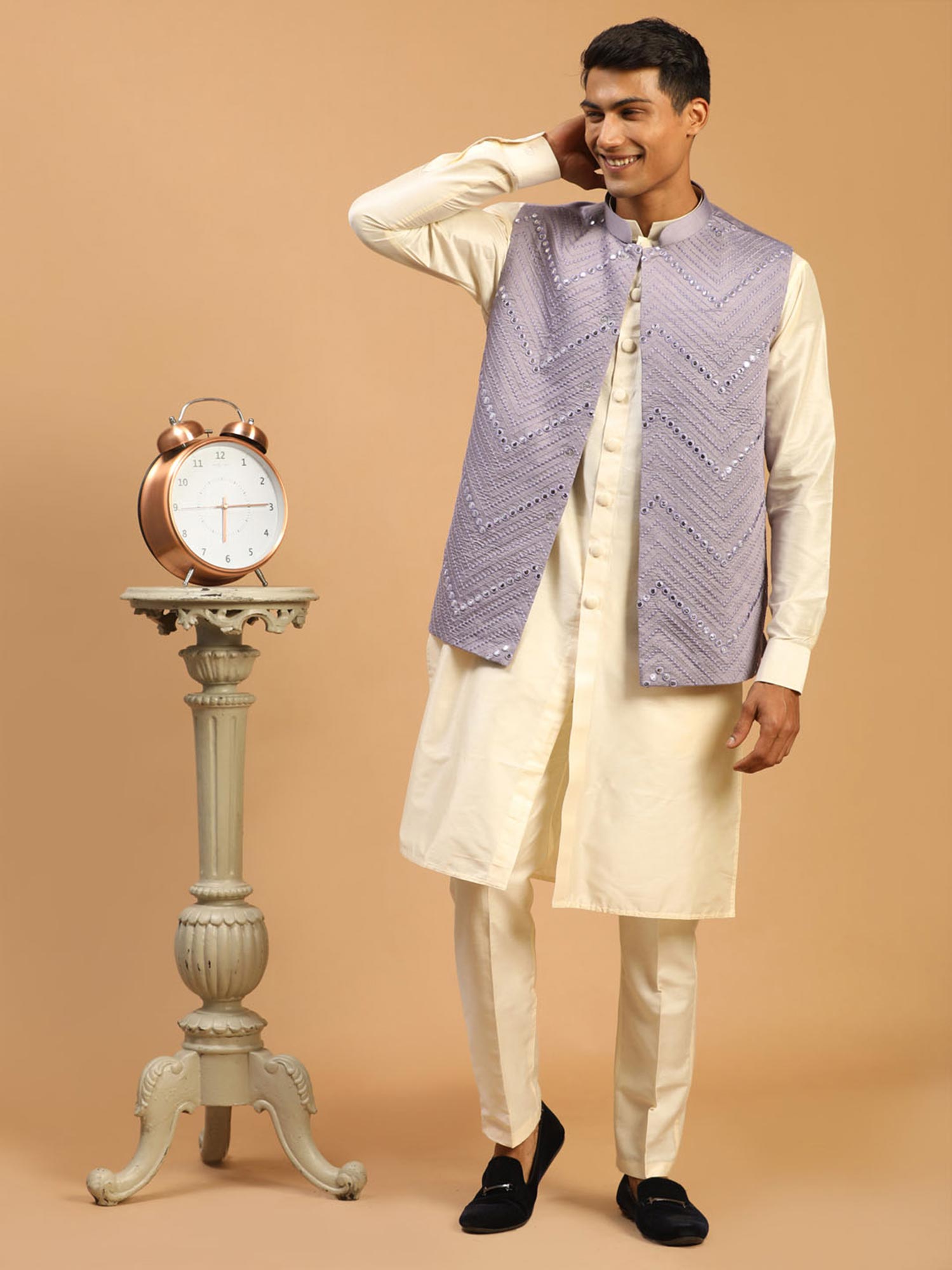 Off White Art Silk Kurta Pyjama Set