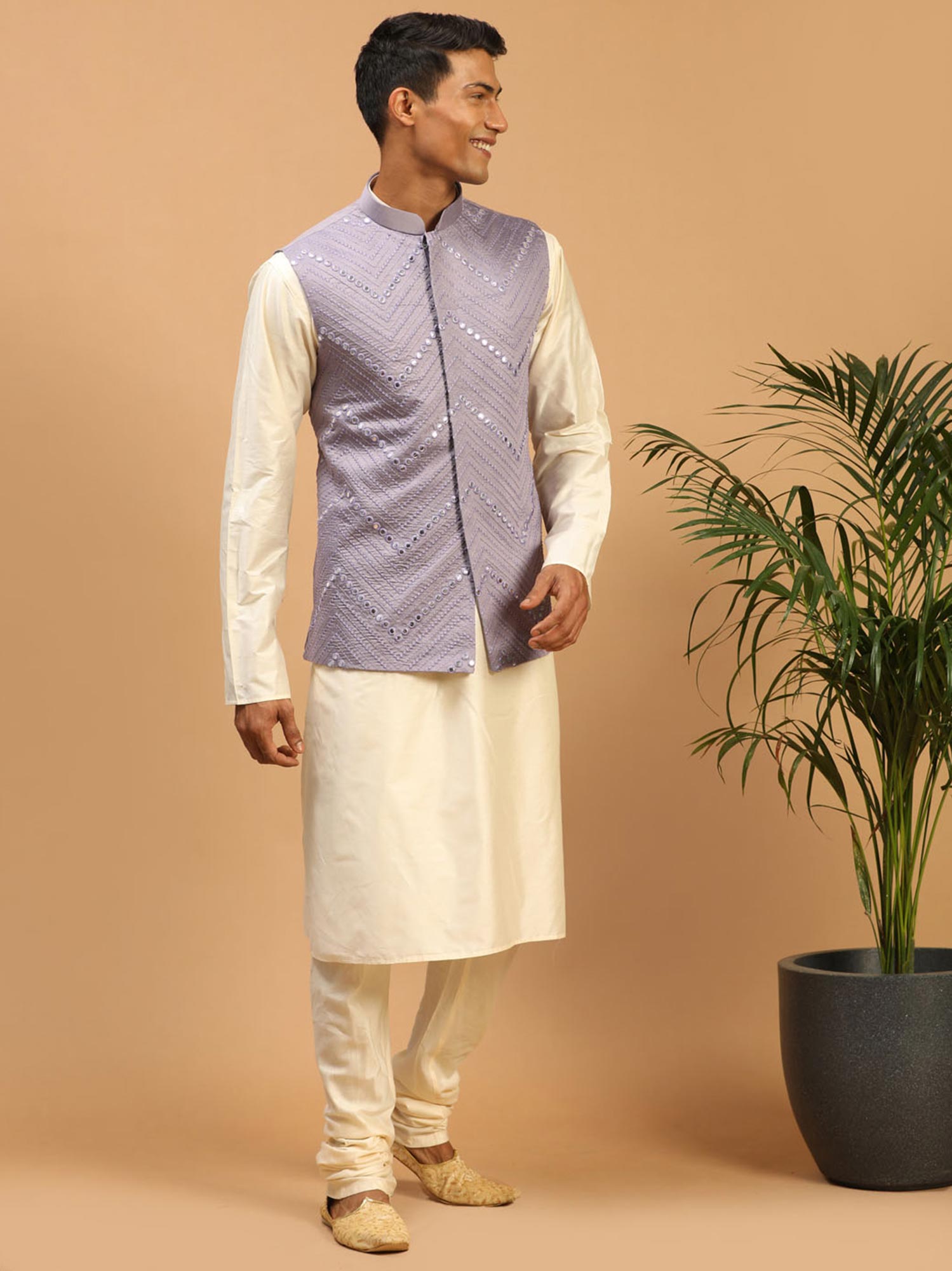Off White Art Silk Kurta Pyjama Set