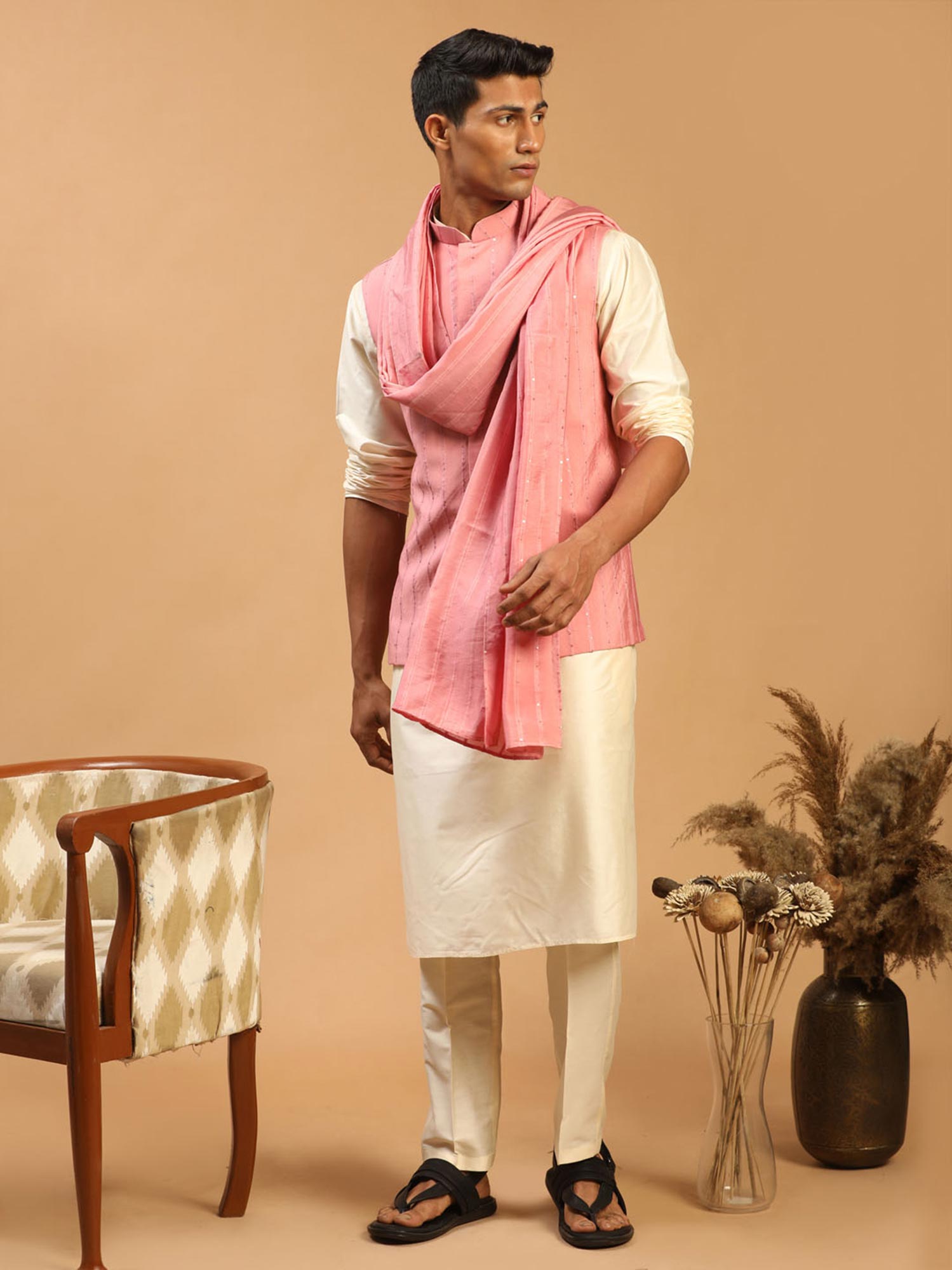 Off White Art Silk Kurta Pajama With Jacket