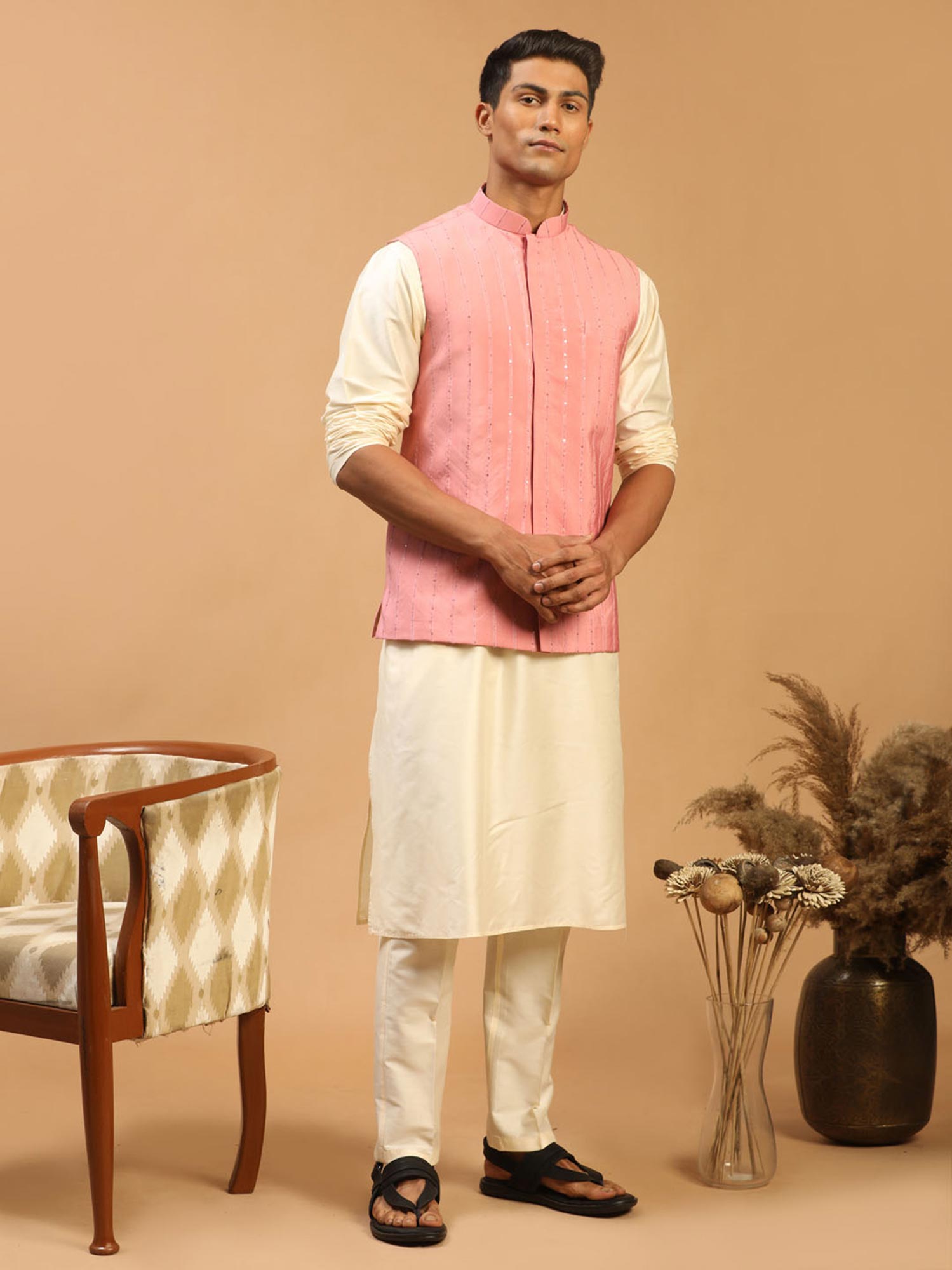 Off White Art Silk Kurta Pajama With Jacket