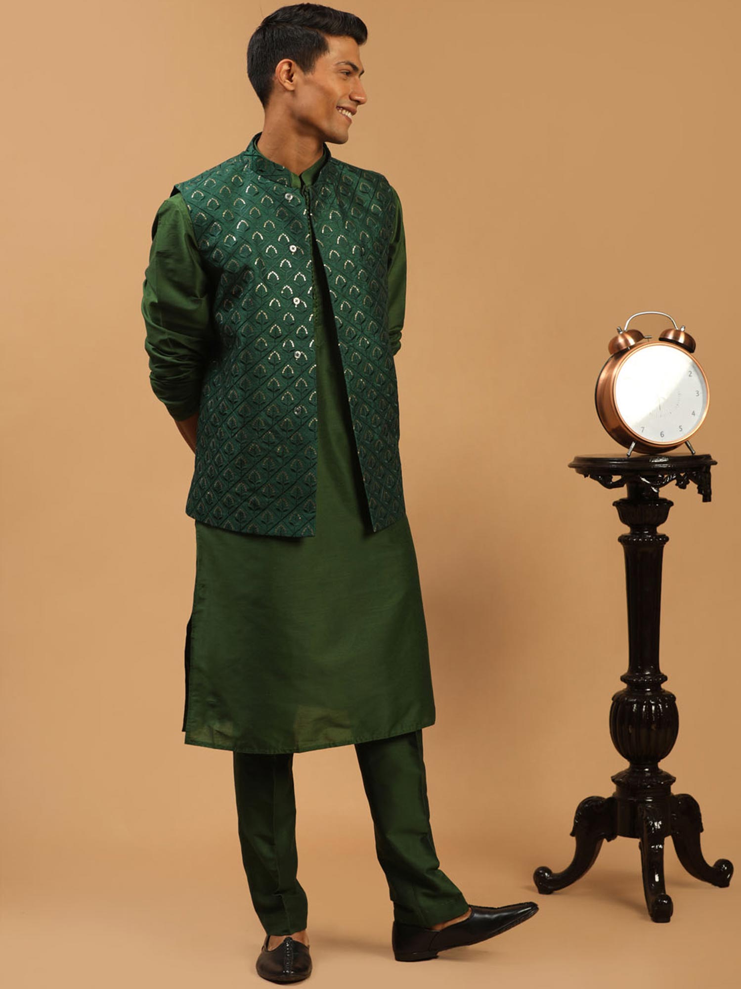 Green Kurta Pajama With Embroidered Jacket