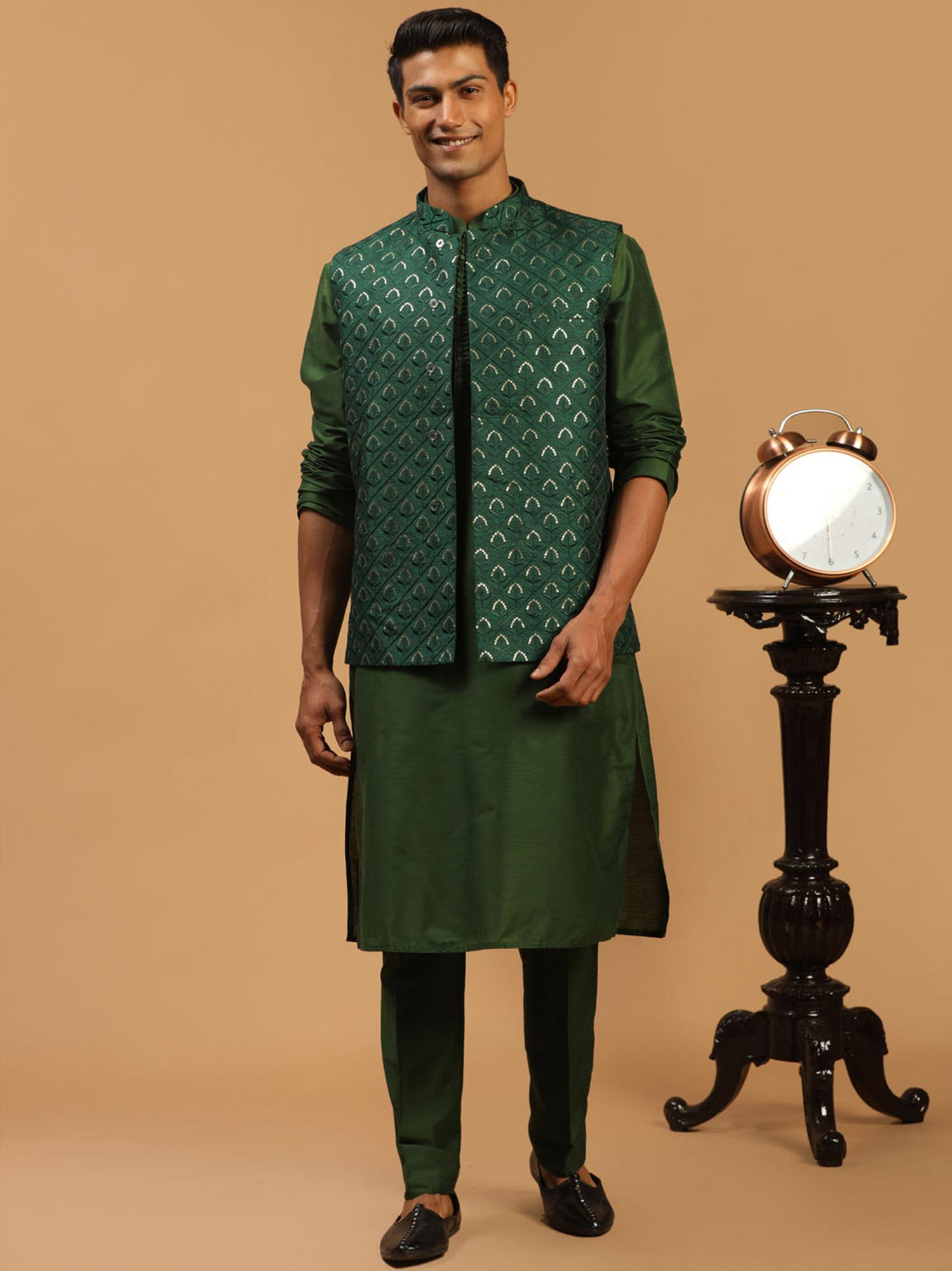 Green Kurta Pajama With Embroidered Jacket