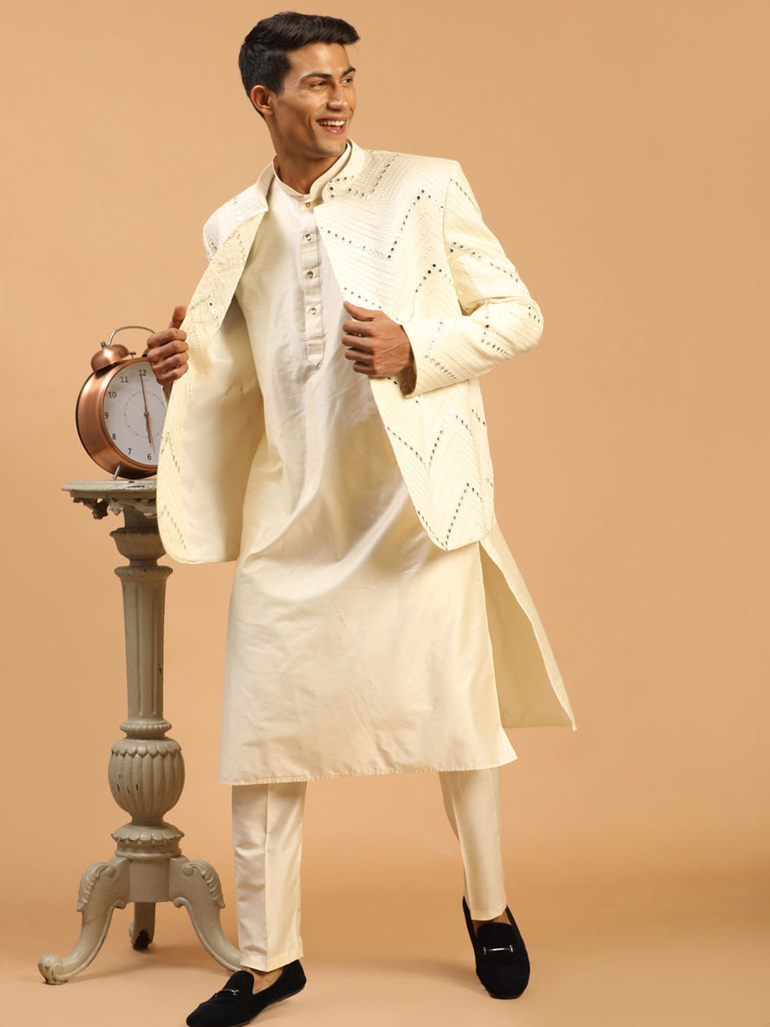 White Readymade Kurta Pyjama With Embroidered Jacket