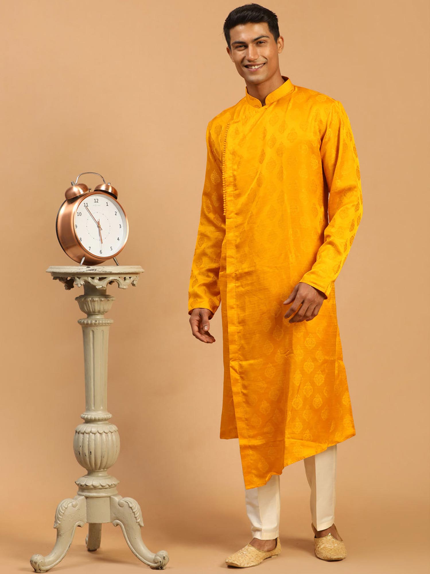 Yellow Asymmetric Kurta Pajama For Men