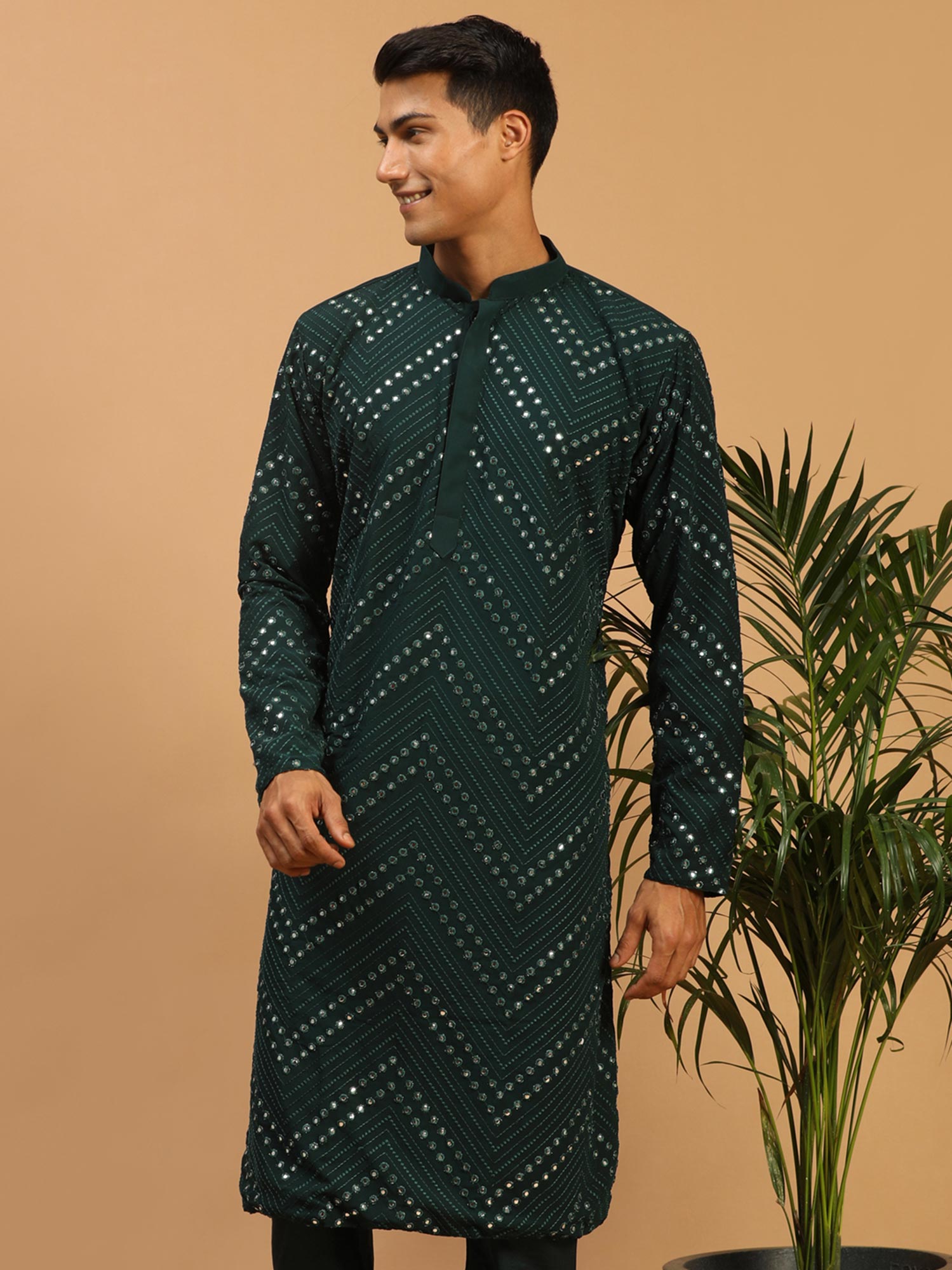 Green Mirror Embroidered Festive Kurta Pyjama