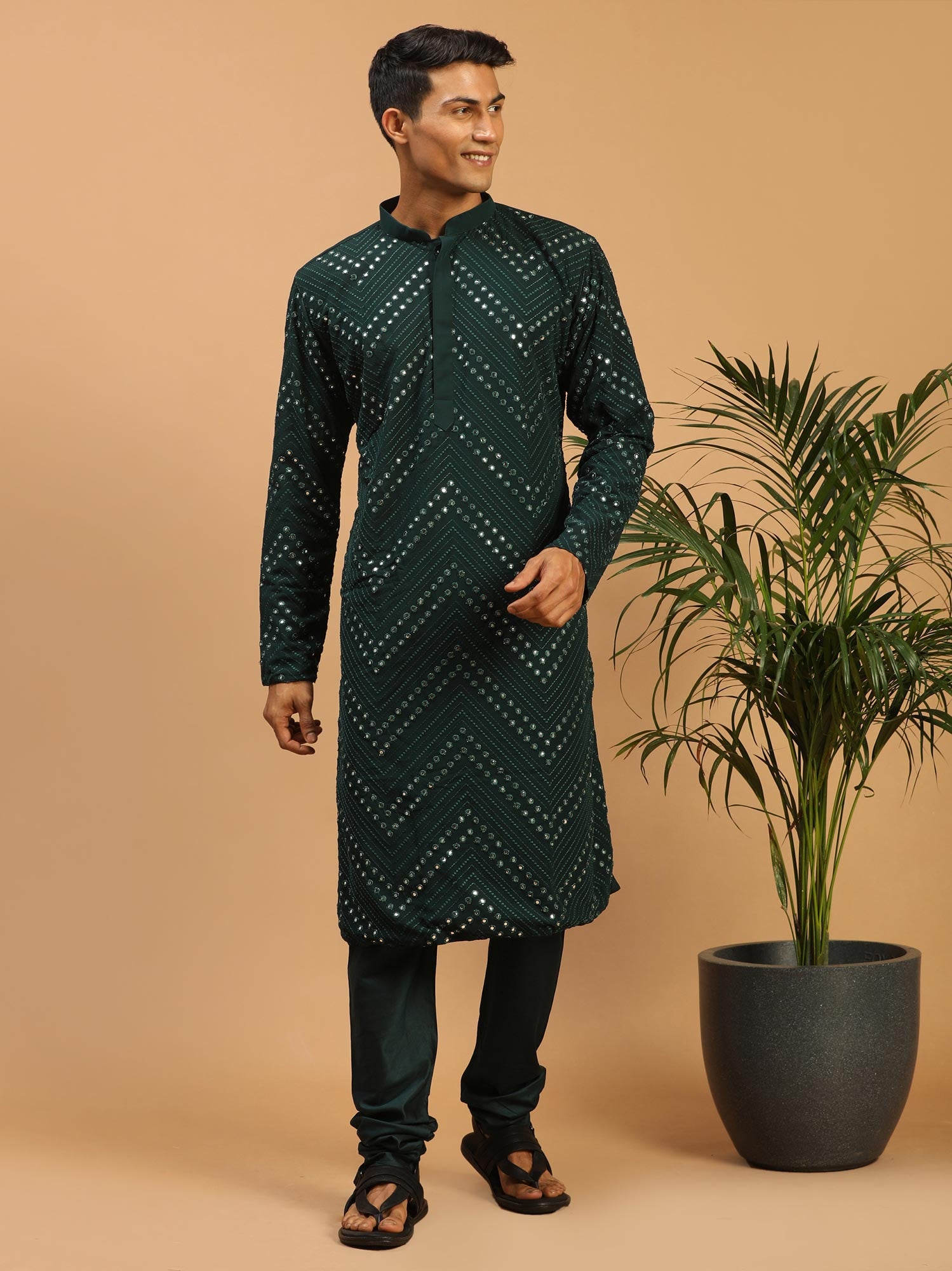 Green Mirror Embroidered Festive Kurta Pyjama