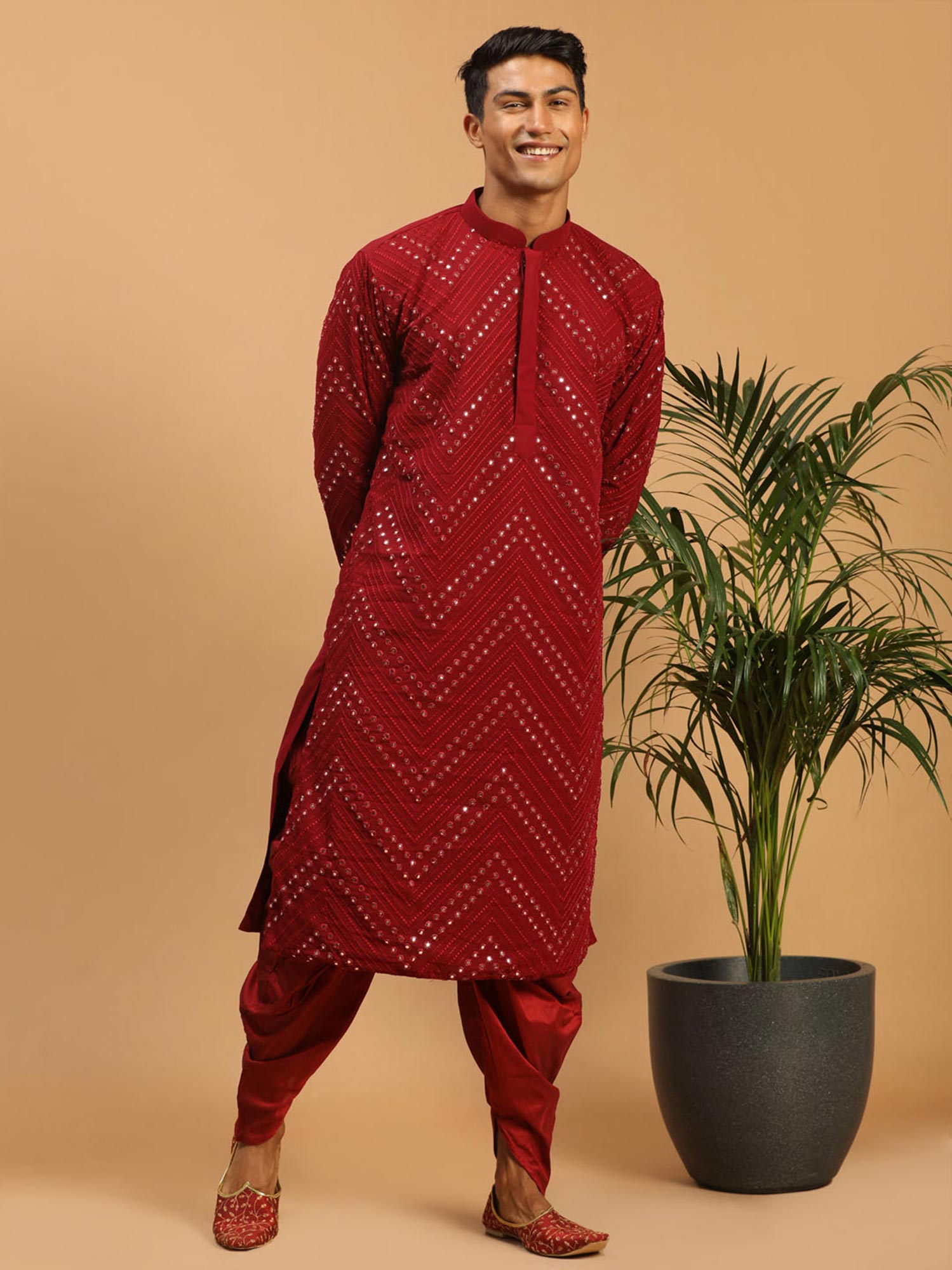 Red Mirror Embroidered Festive Dhoti Kurta Set