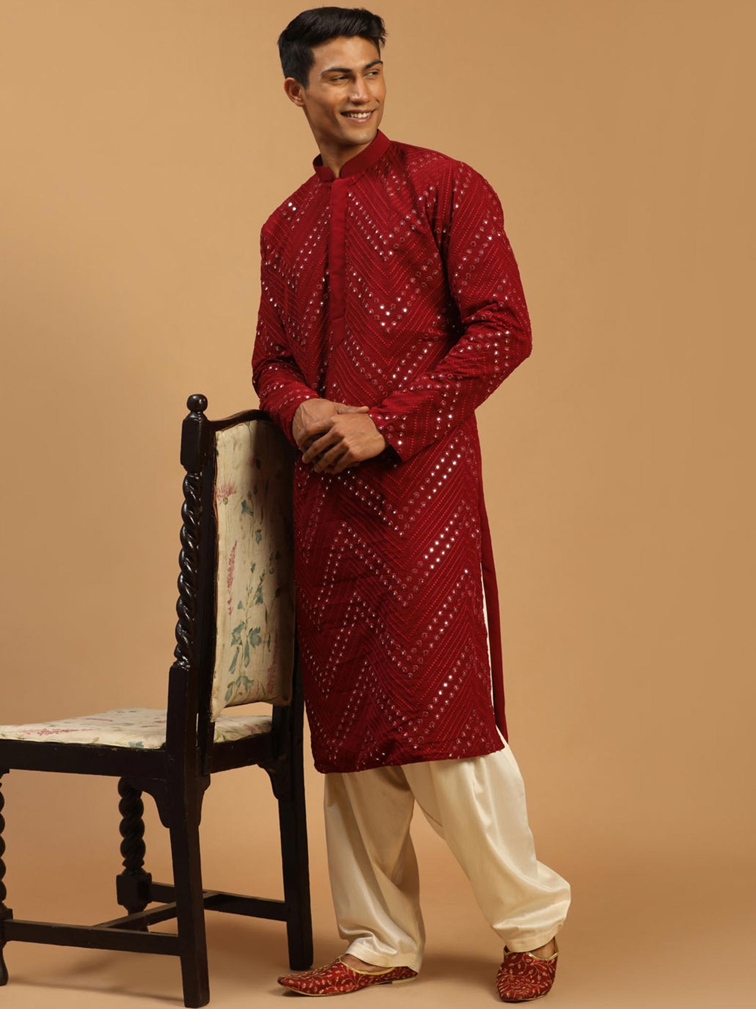 Red Party Wear Embroidered Pathani Suit