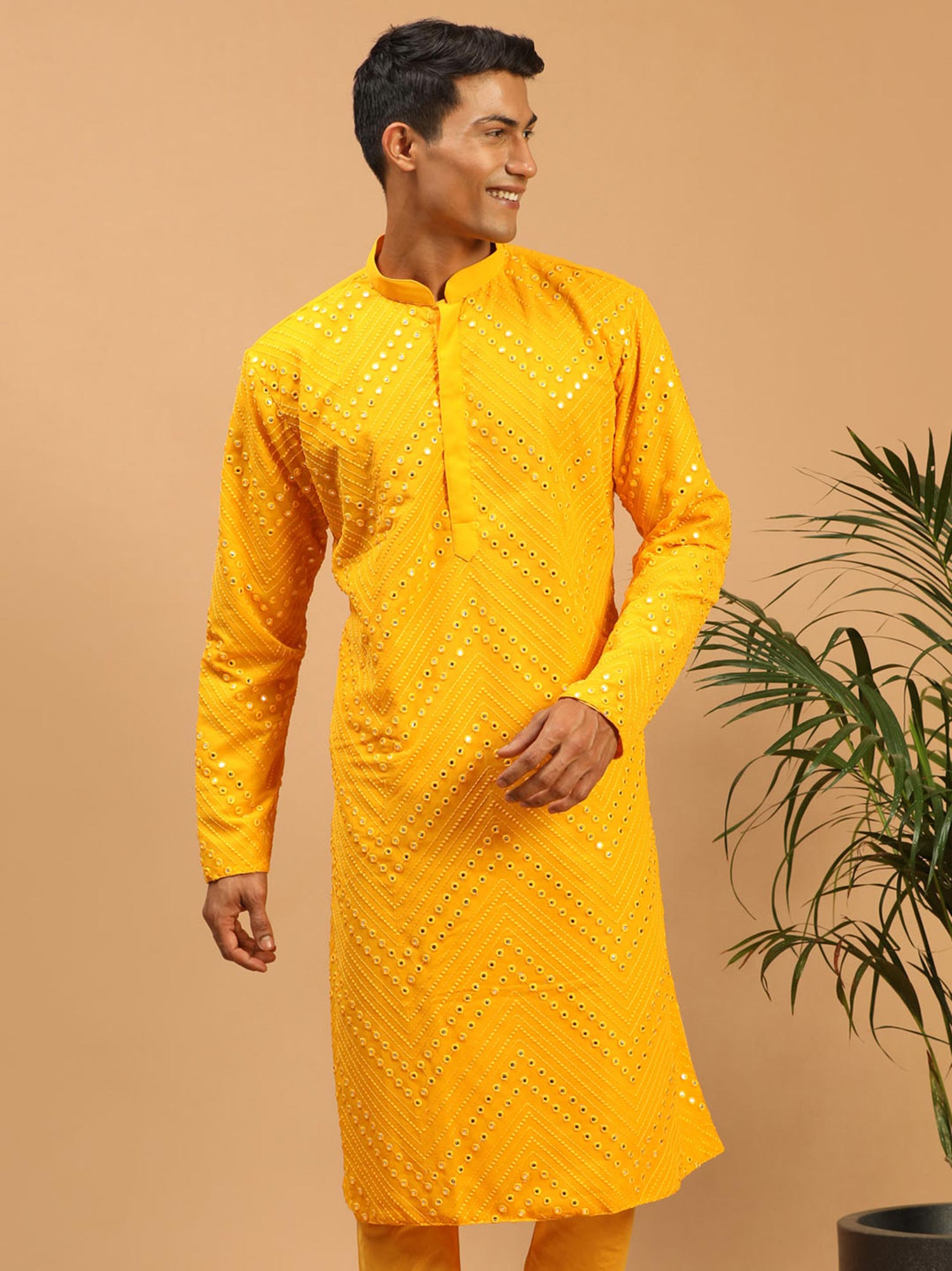 Yellow Embroidered Kurta Pyjama In Georgette