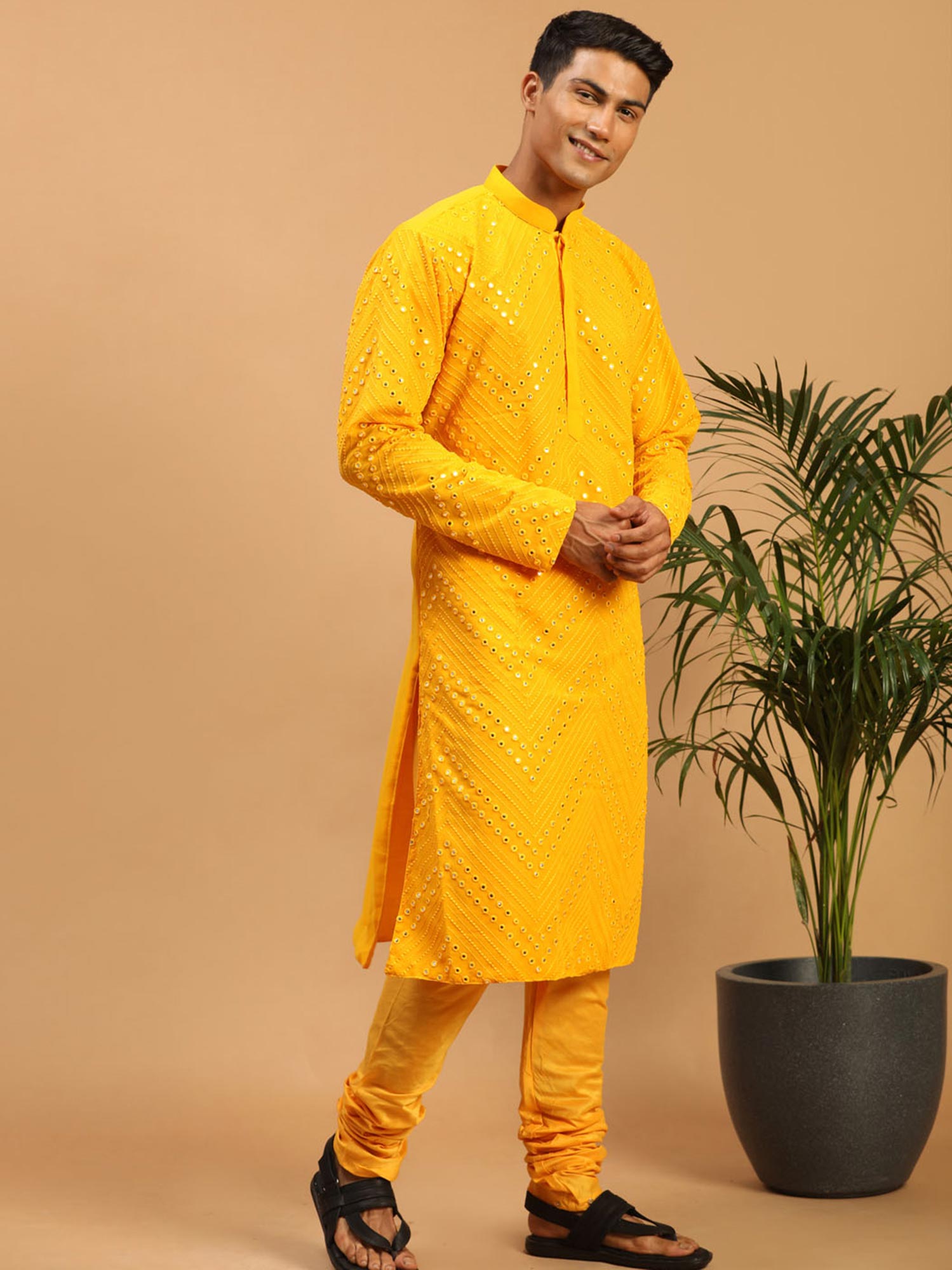 Yellow Embroidered Kurta Pyjama In Georgette