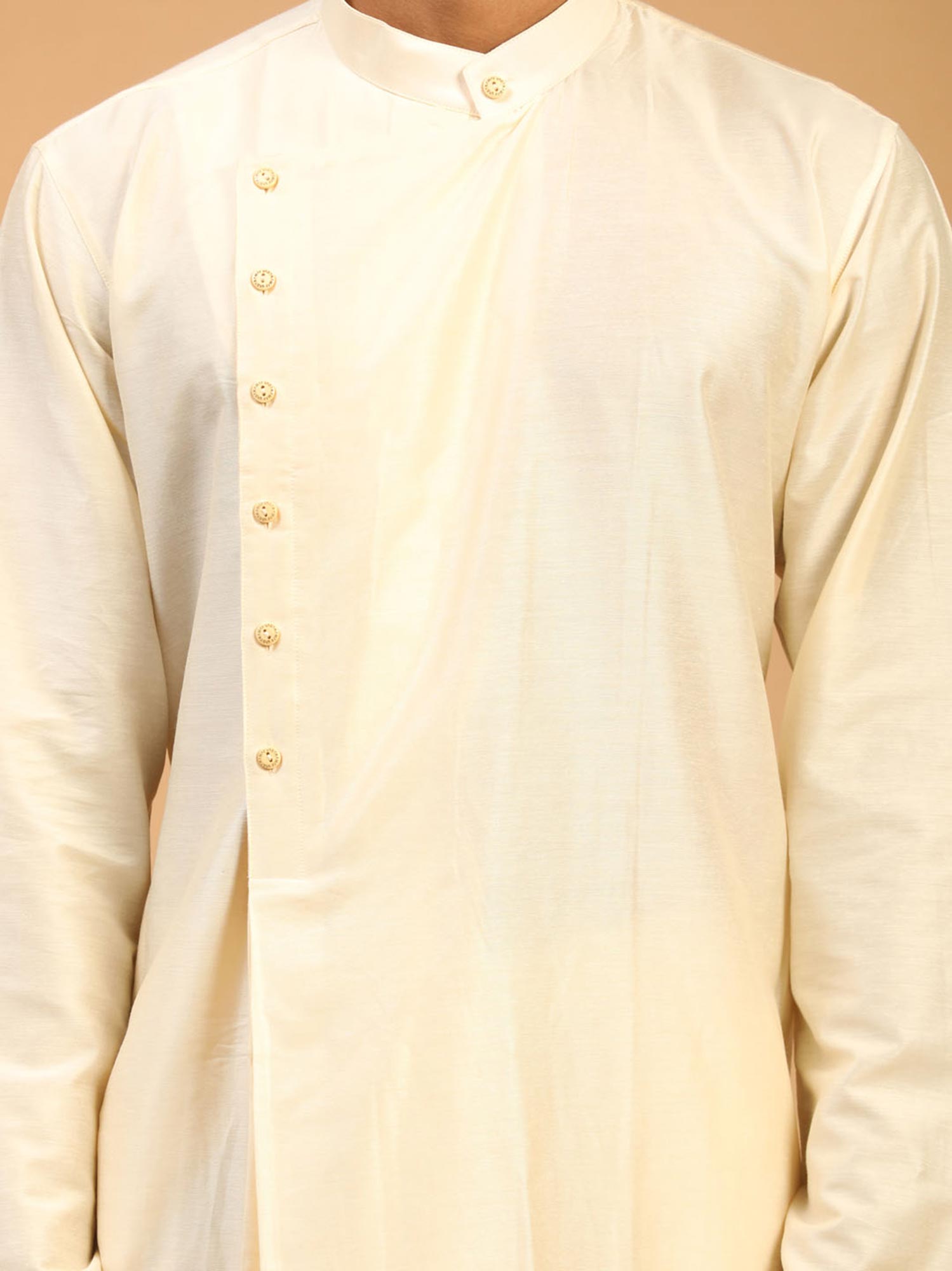 Cream Asymmetric Kurta Pjyama In Art Silk
