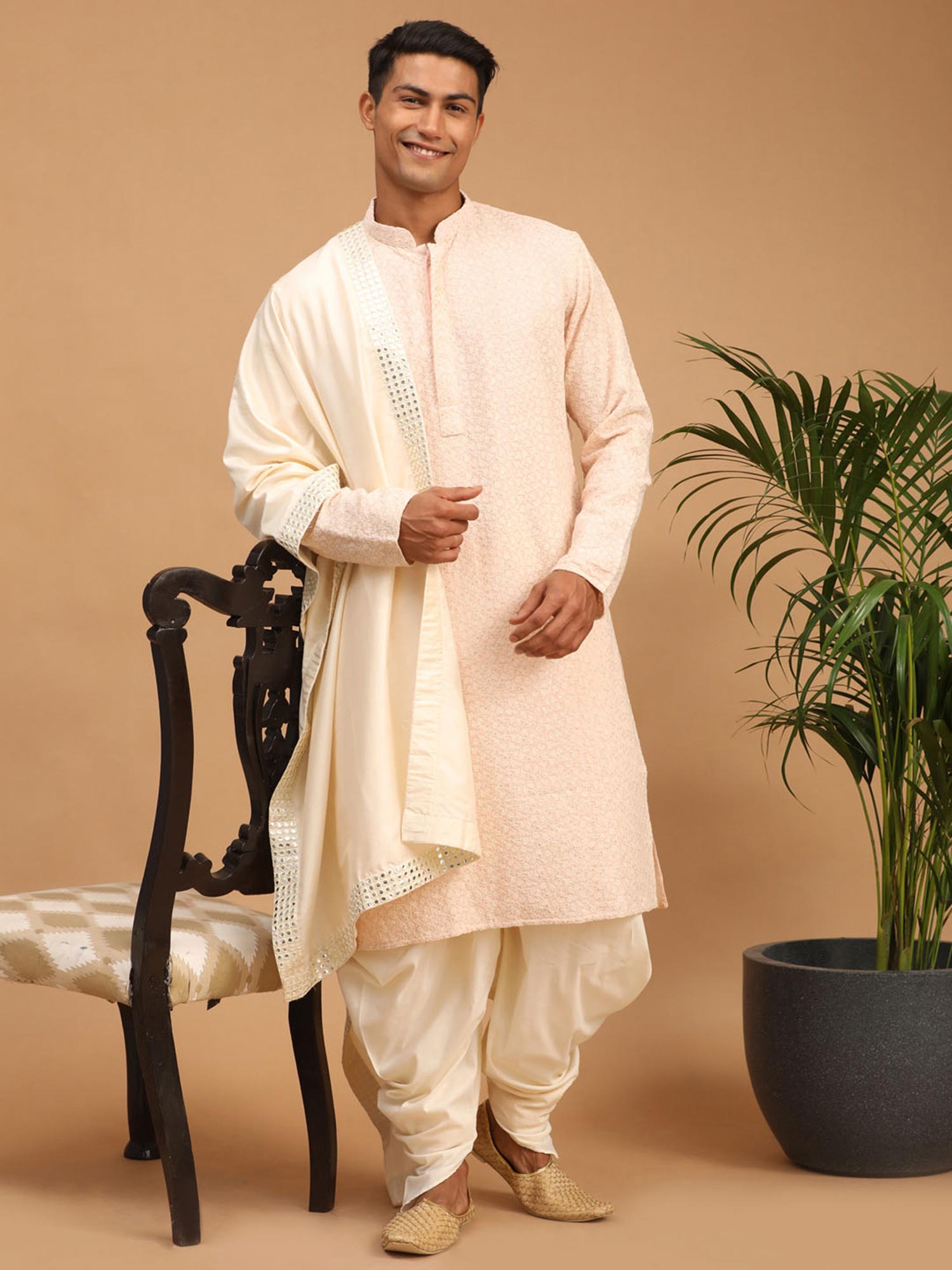 Pink Chikankari Dhoti Kurta And Dupatta Set