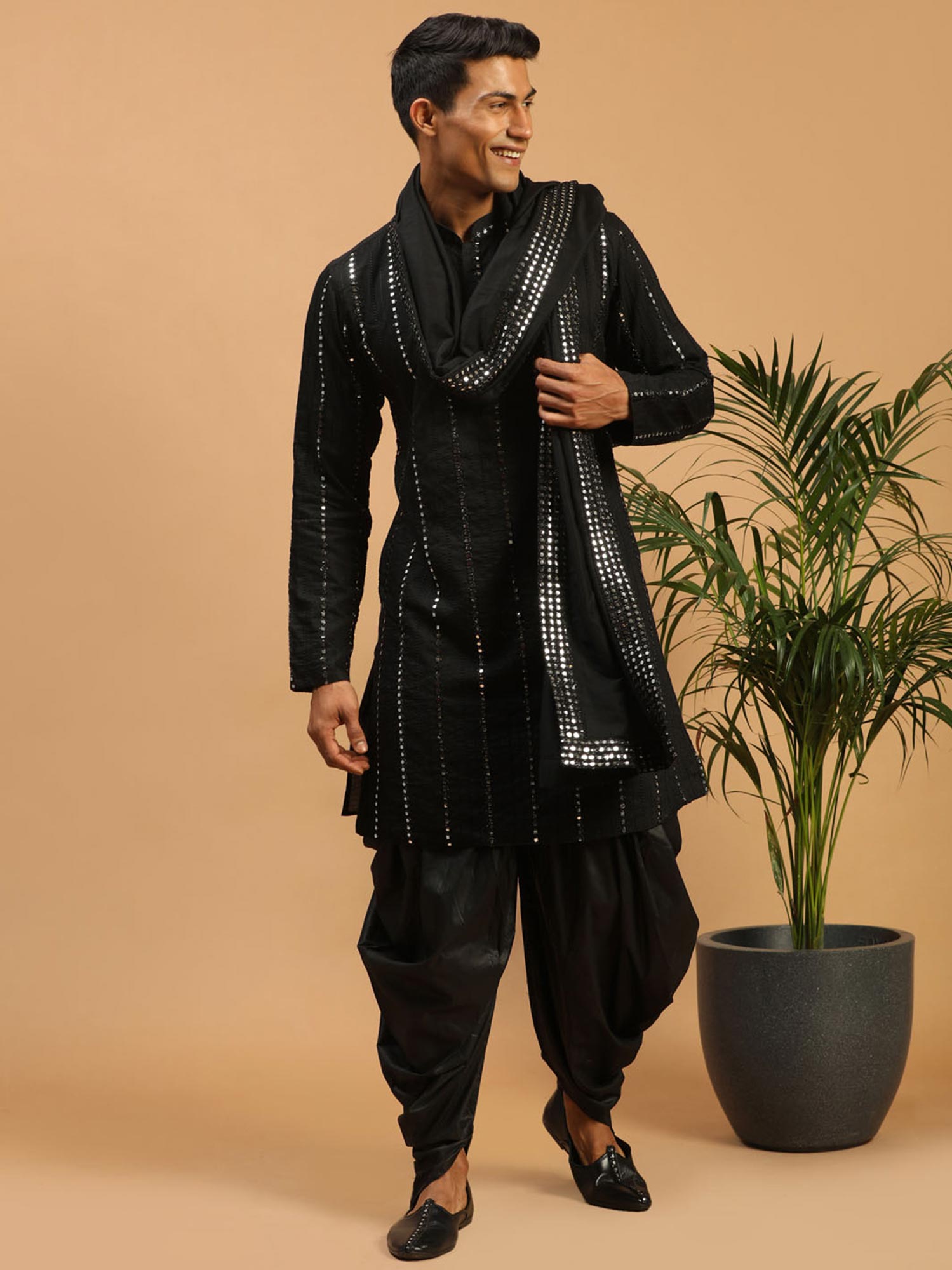 Black Mirror Embroidered Kurta With Dhoti Set