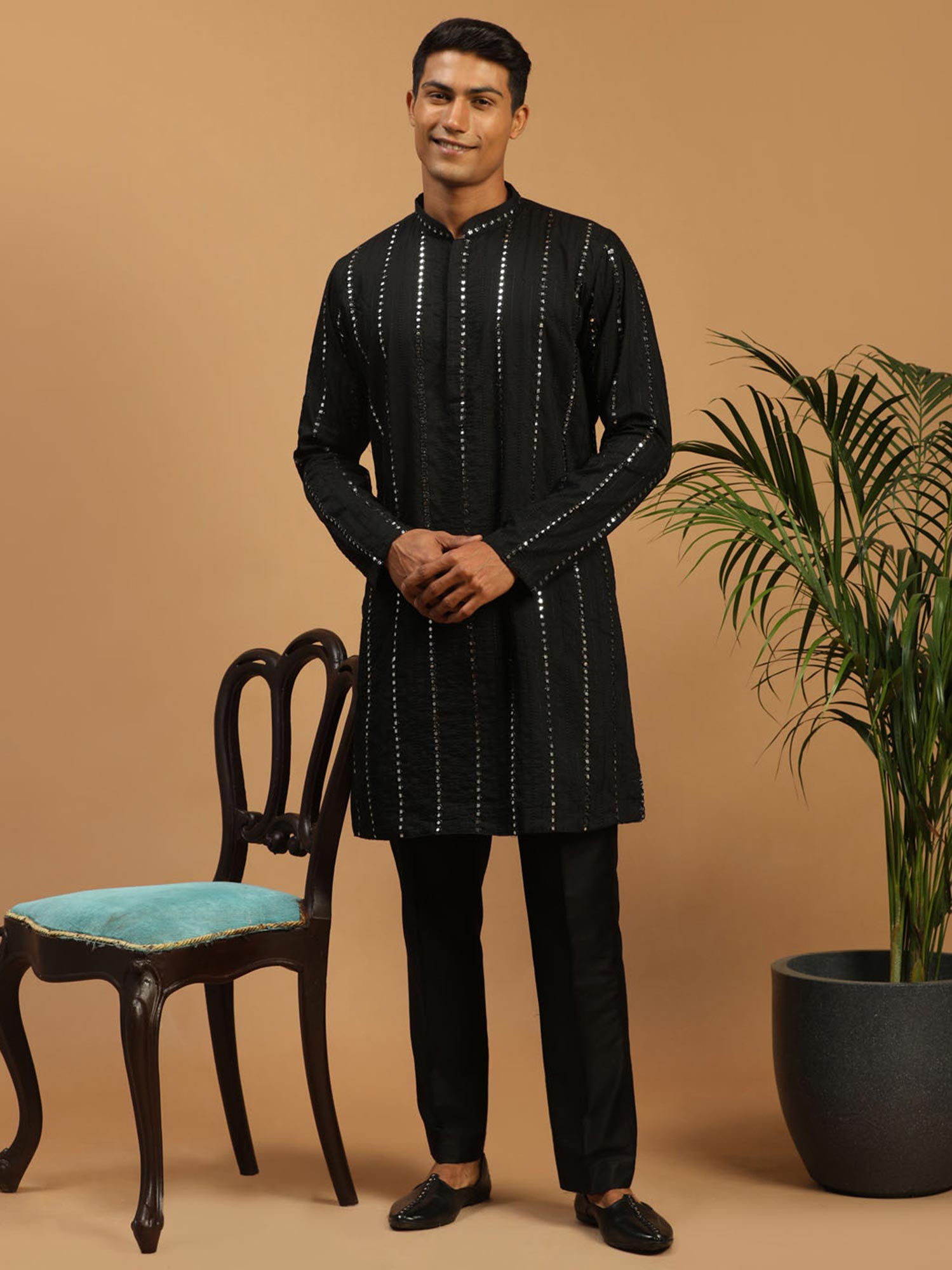 Black Mirror Embroidered Kurta With Dhoti Set