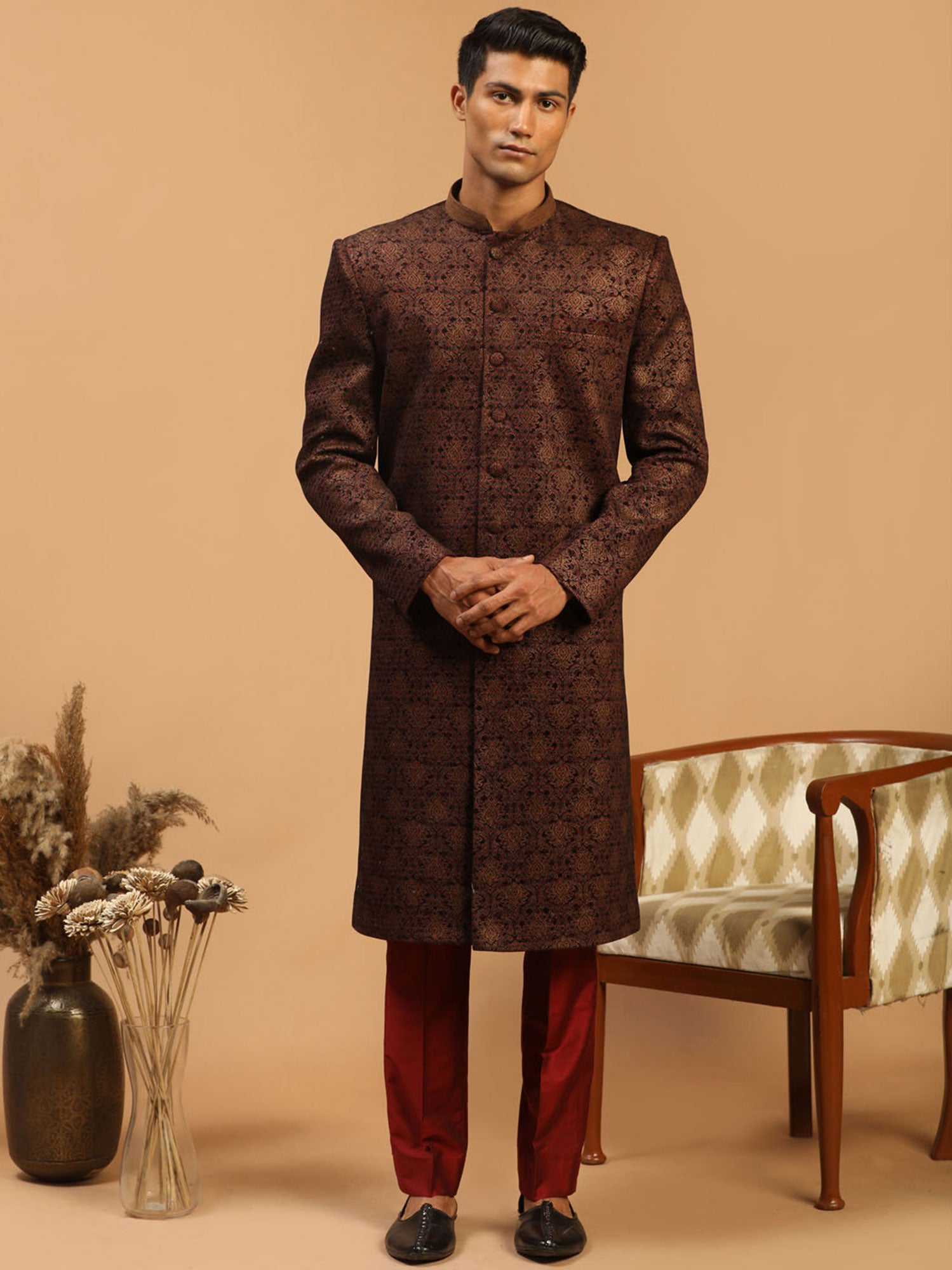Brown Printed Indo Western In Art Silk