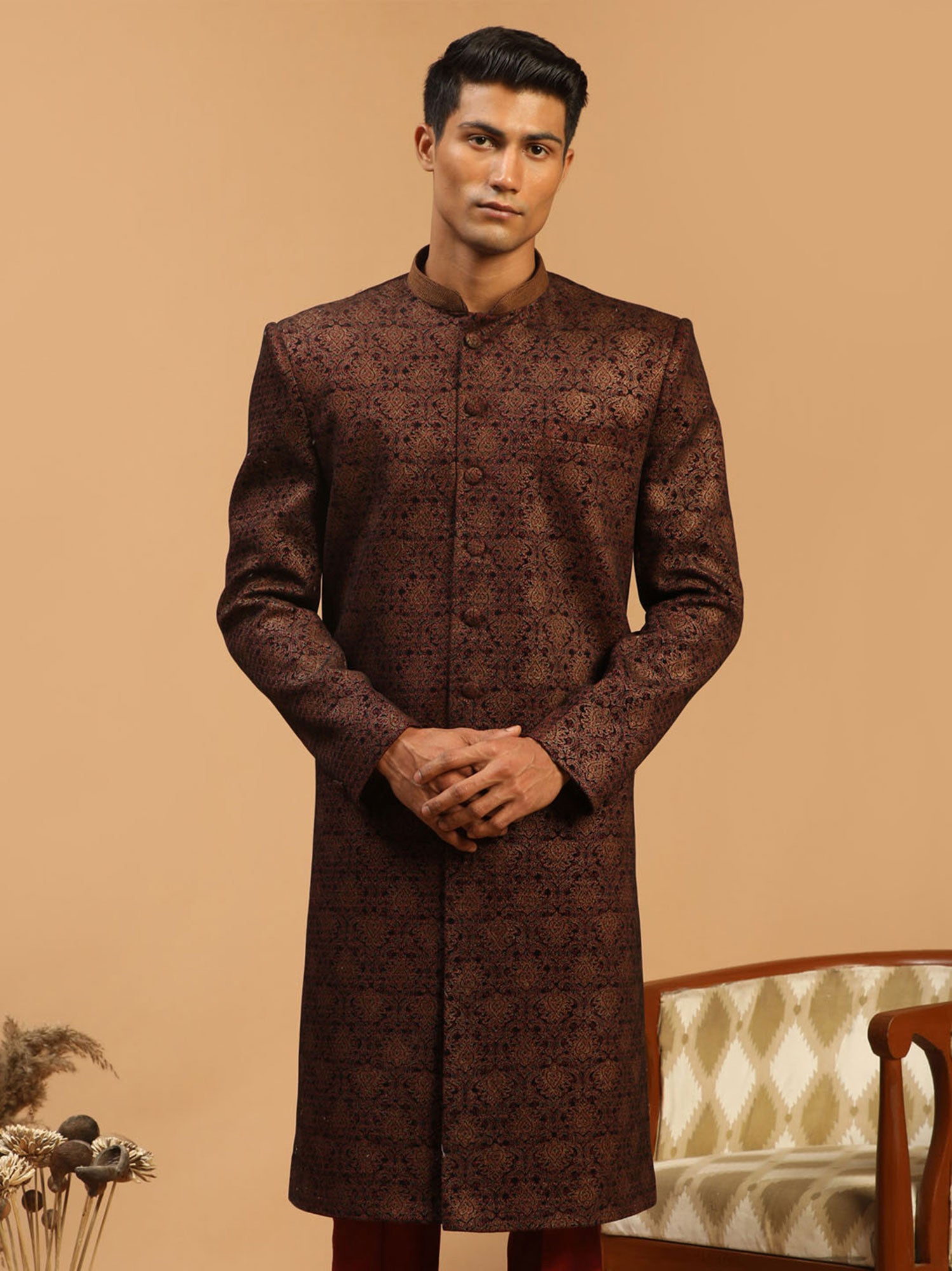Brown Printed Indo Western In Art Silk
