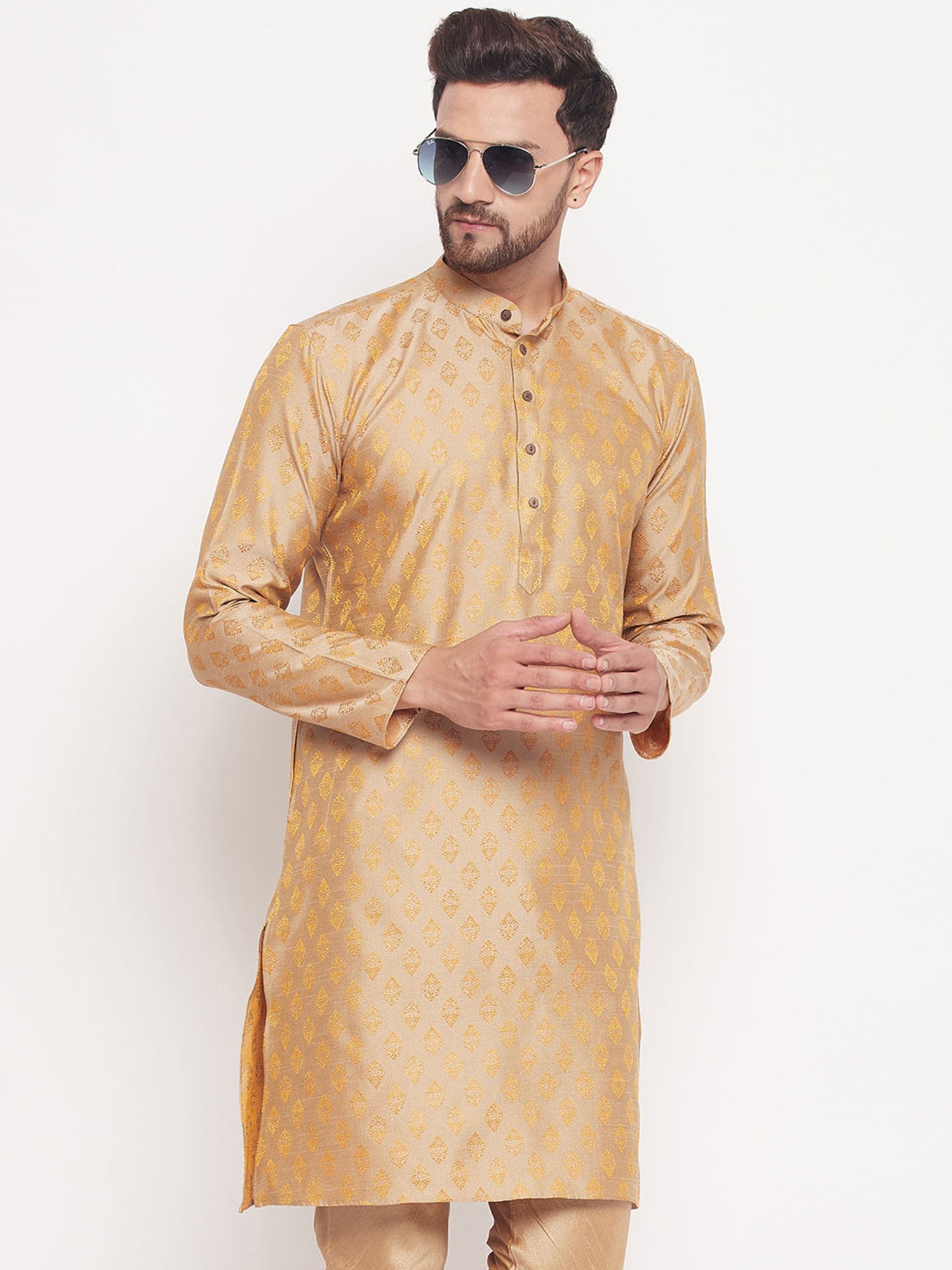 Beige Woven Kurta Pyjama In Art Silk
