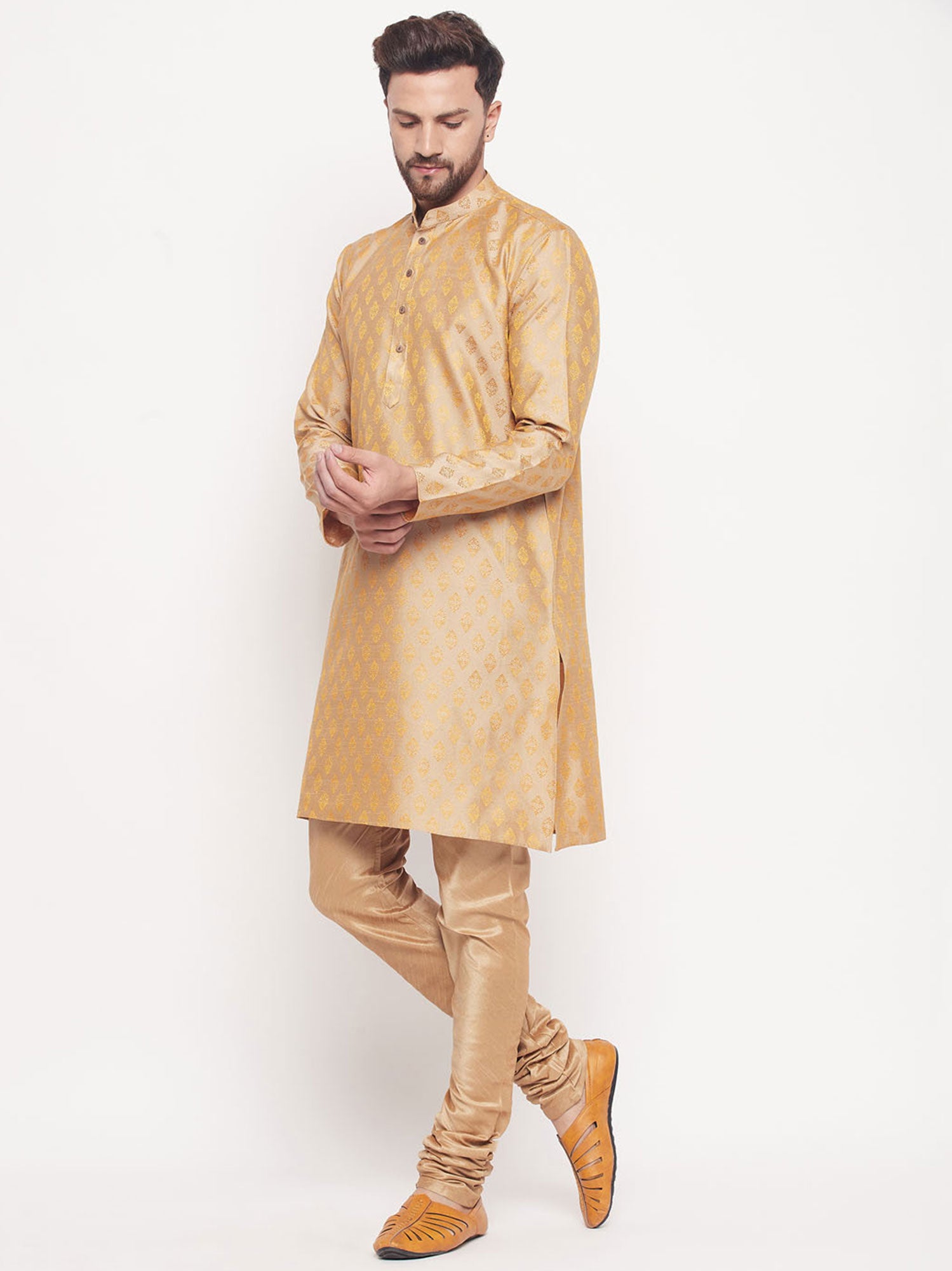 Beige Woven Kurta Pyjama In Art Silk