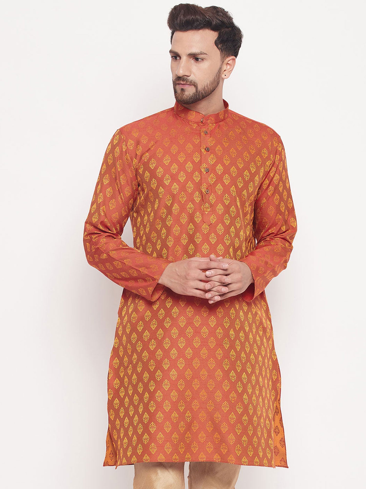 Orange Woven Kurta Pyjama In Art Silk