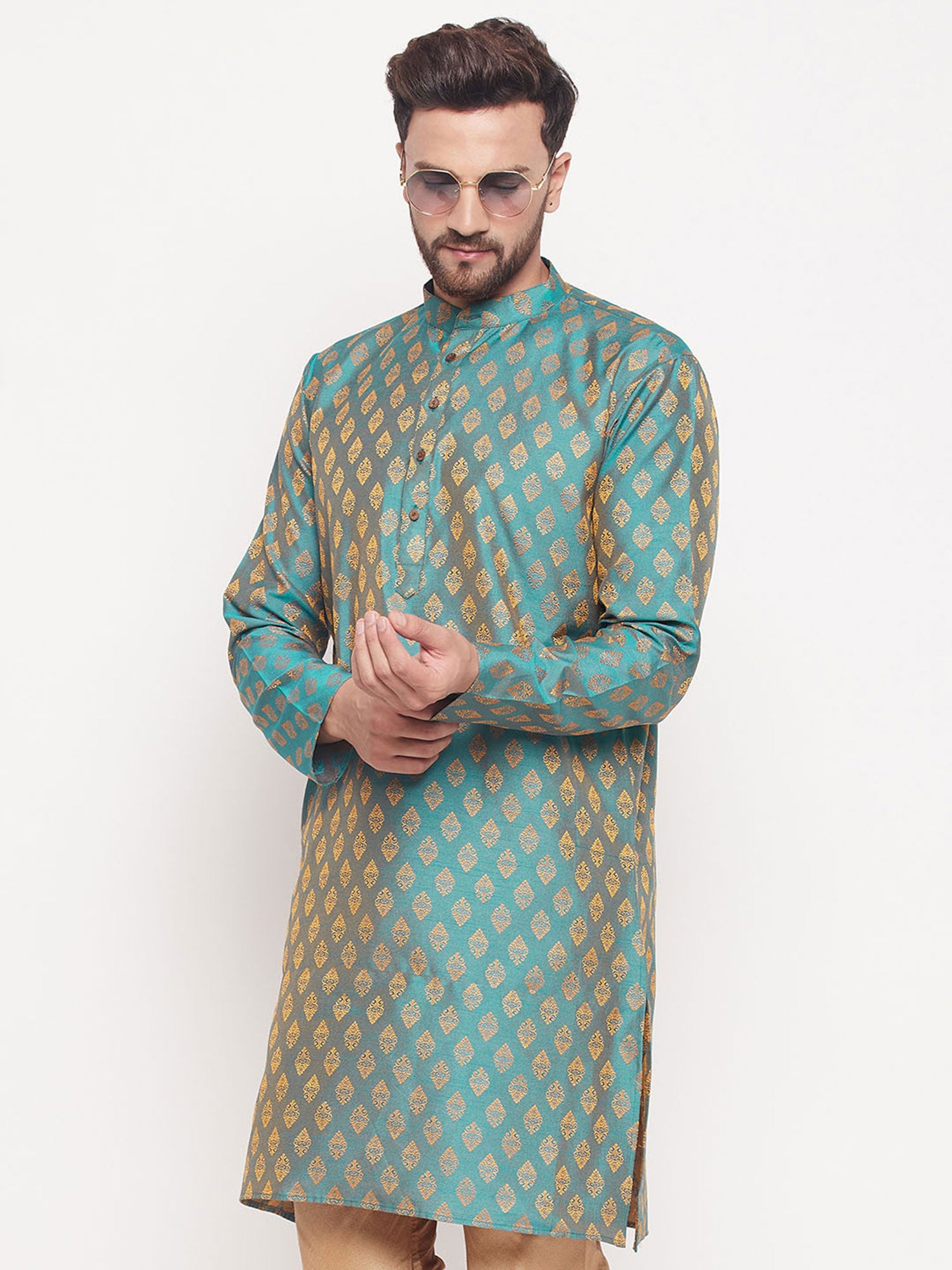 Blue Woven Silk Kurta Pajama For Men