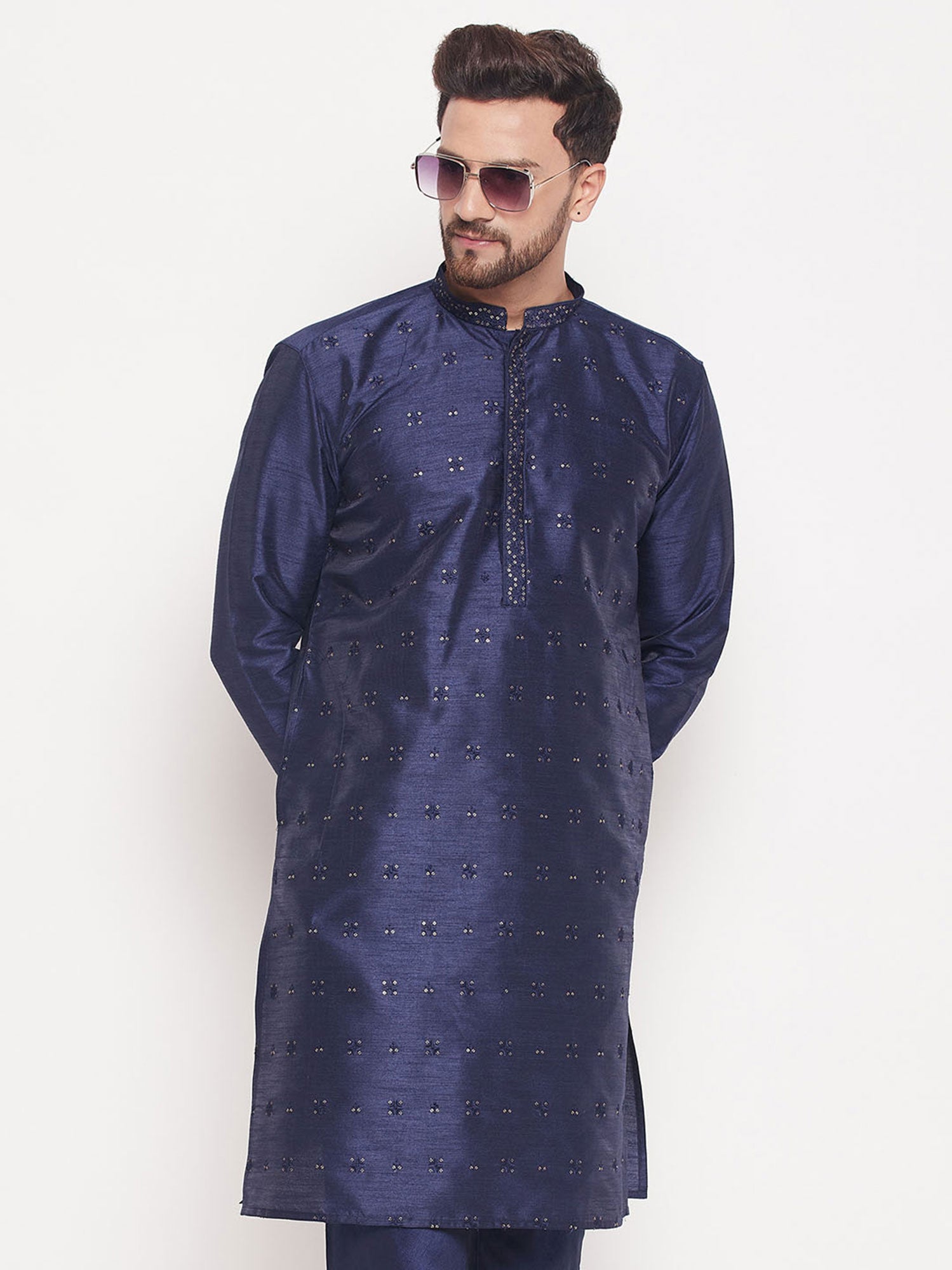 Blue Embroidered Kurta Pyjama In Art Silk