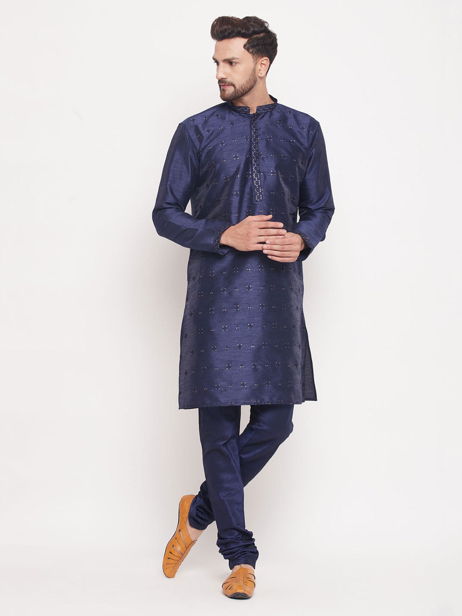 Blue Embroidered Kurta Pyjama In Art Silk