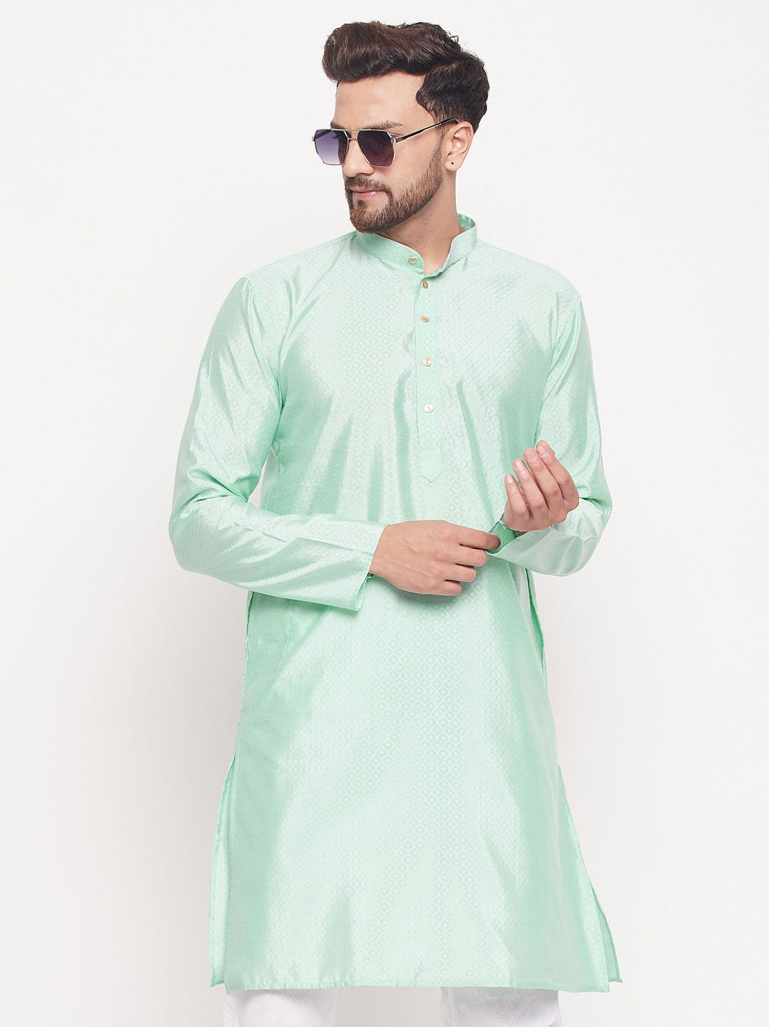 Turquoise Woven Kurta Pajama In Art Silk