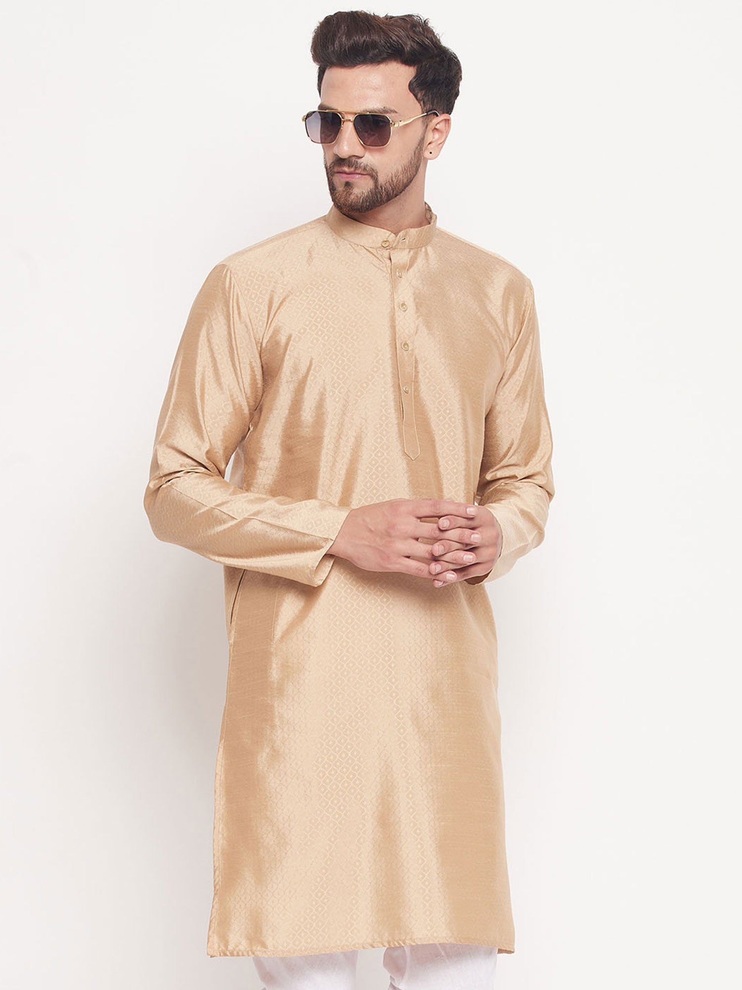 Beige Woven Festive Kurta Pyjama For Men
