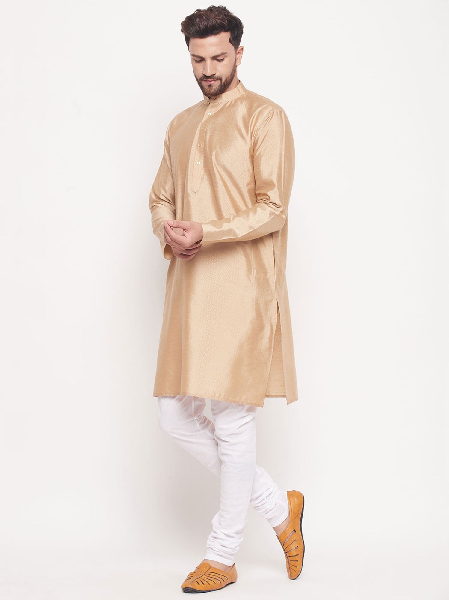Beige Woven Festive Kurta Pyjama For Men
