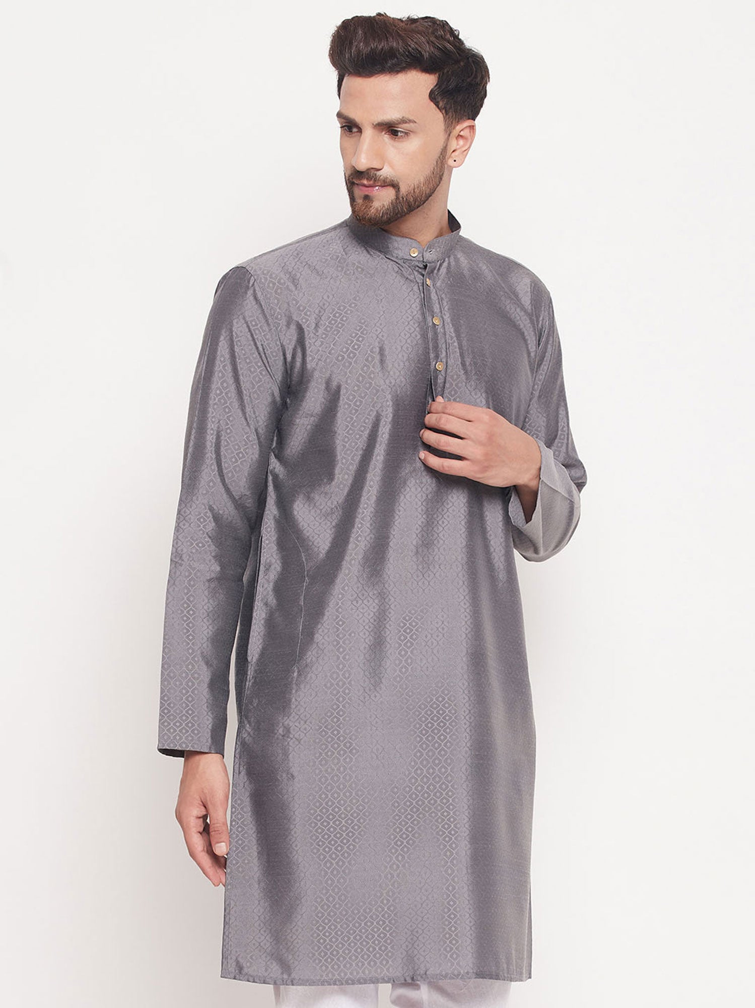Grey Woven Festive Kurta Pyjama For Men