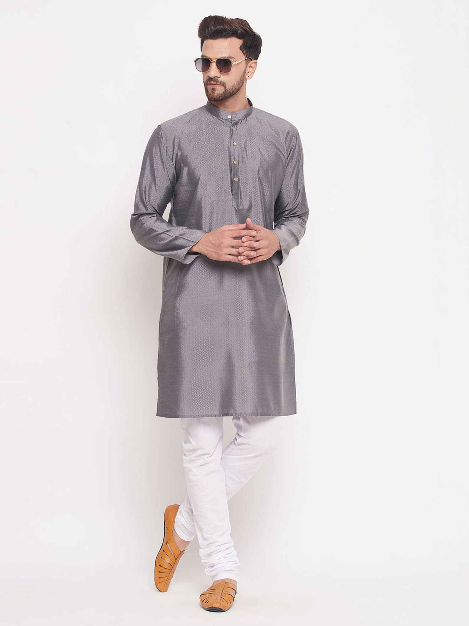 Grey Woven Festive Kurta Pyjama For Men