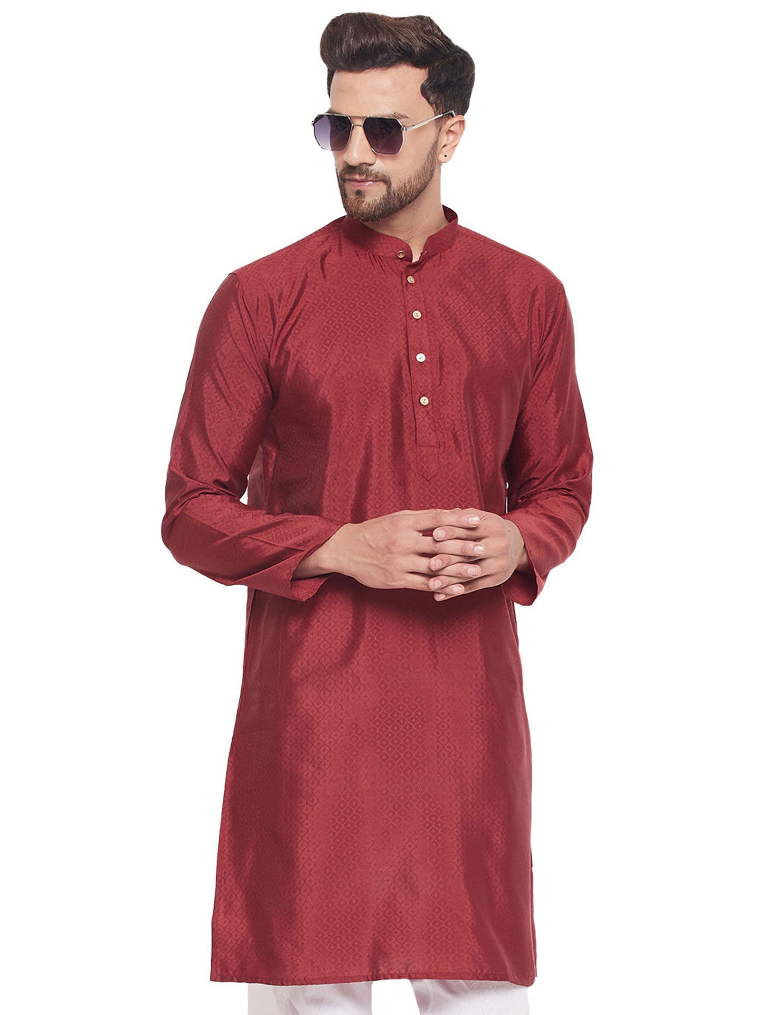 Maroon Woven Kurta Pyjama In Art Silk