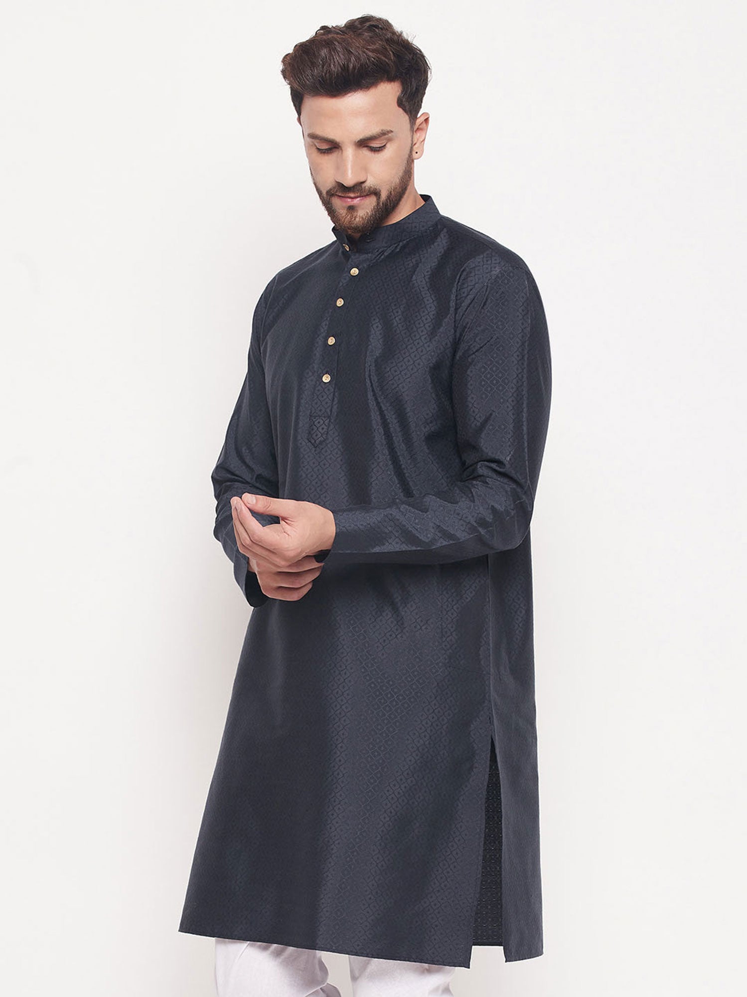 Black Art Silk Kurta Pyjama For Men