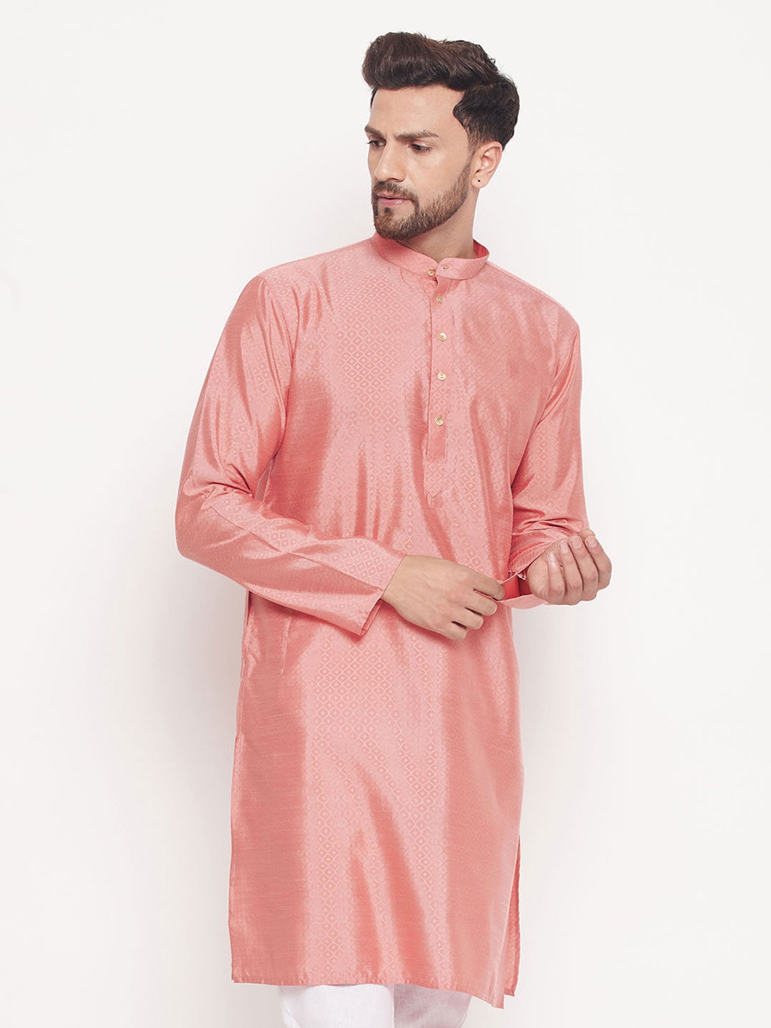 Peach Mens Woven Kurta Pyjama Set
