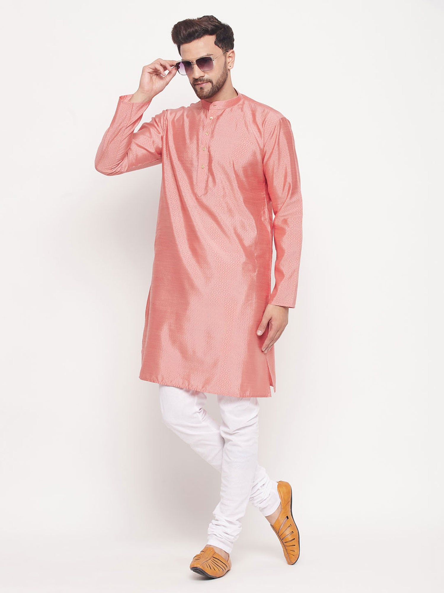 Peach Mens Woven Kurta Pyjama Set