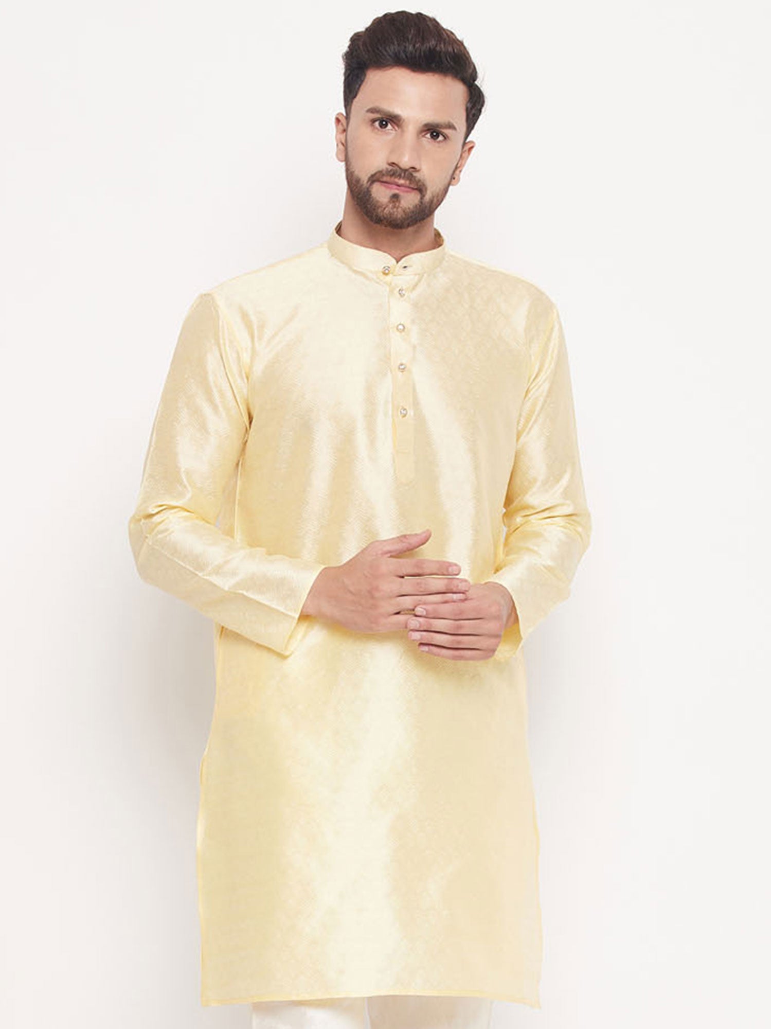 Cream Woven Mens Kurta Pajama In Silk