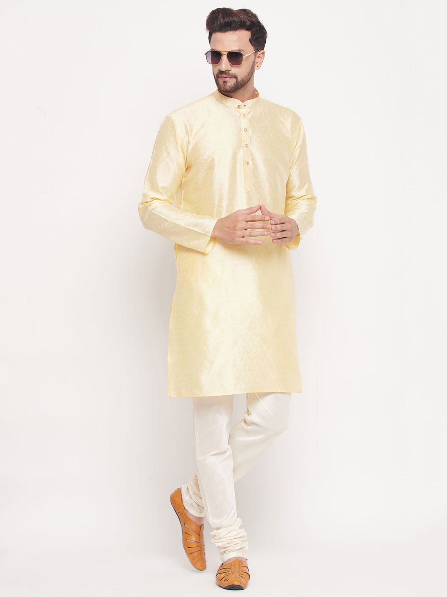 Cream Woven Mens Kurta Pajama In Silk