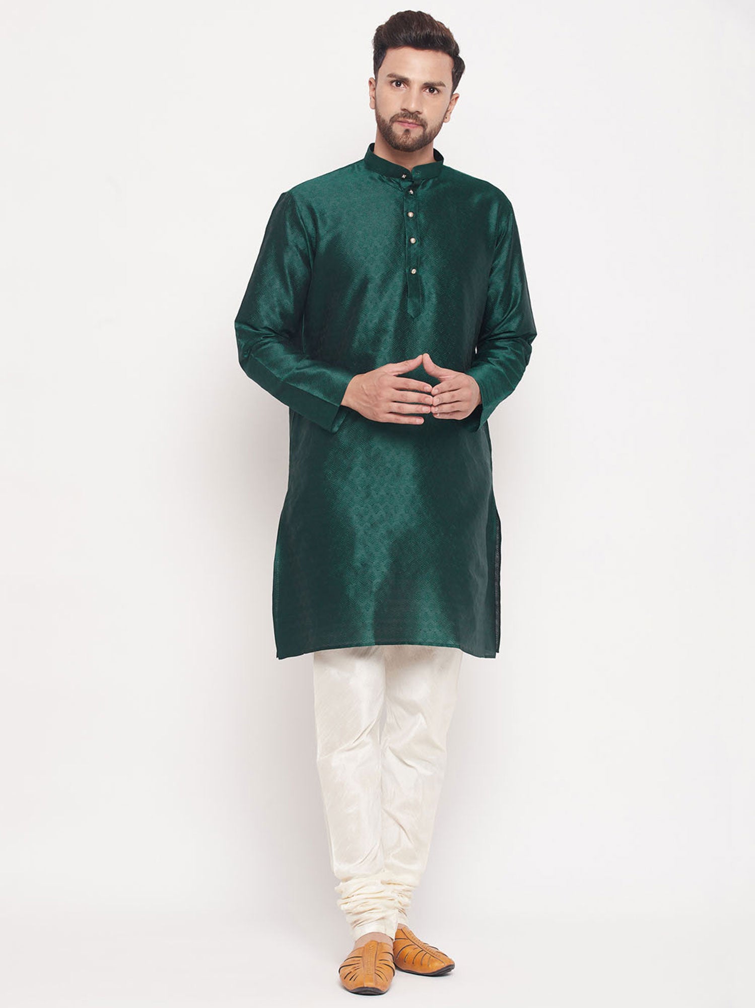 Green Woven Art Silk Kurta Pyjama Set