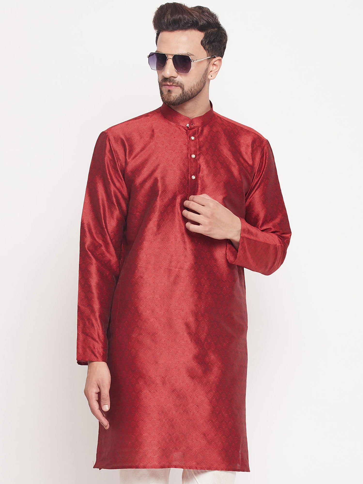 Red Woven Art Silk Kurta Pyjama Set